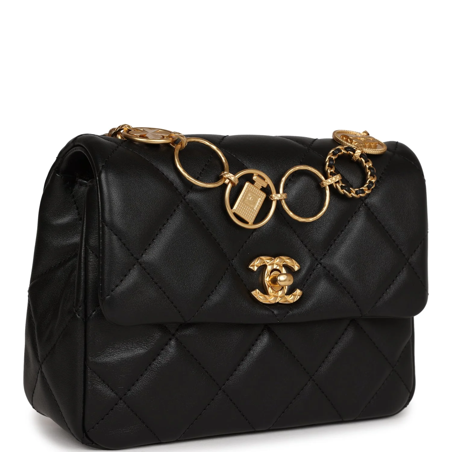 Mini Charms Flap Bag Black Lambskin Brushed Gold Hardware