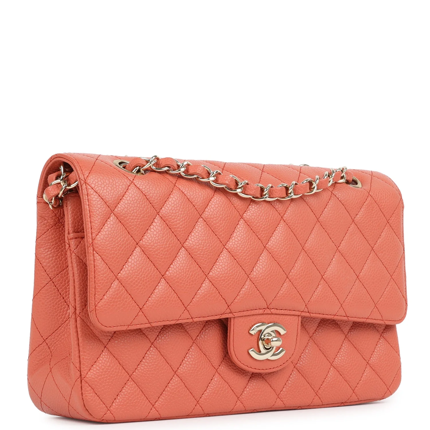 Vintage  Medium Classic Double Flap Coral Caviar Light Gold Hardware