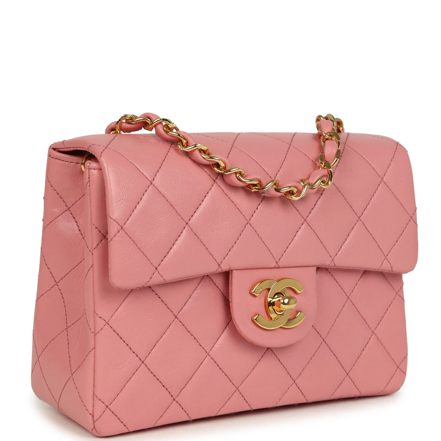 Vintage  Mini Square Flap Dark Pink Lambskin Gold Hardware