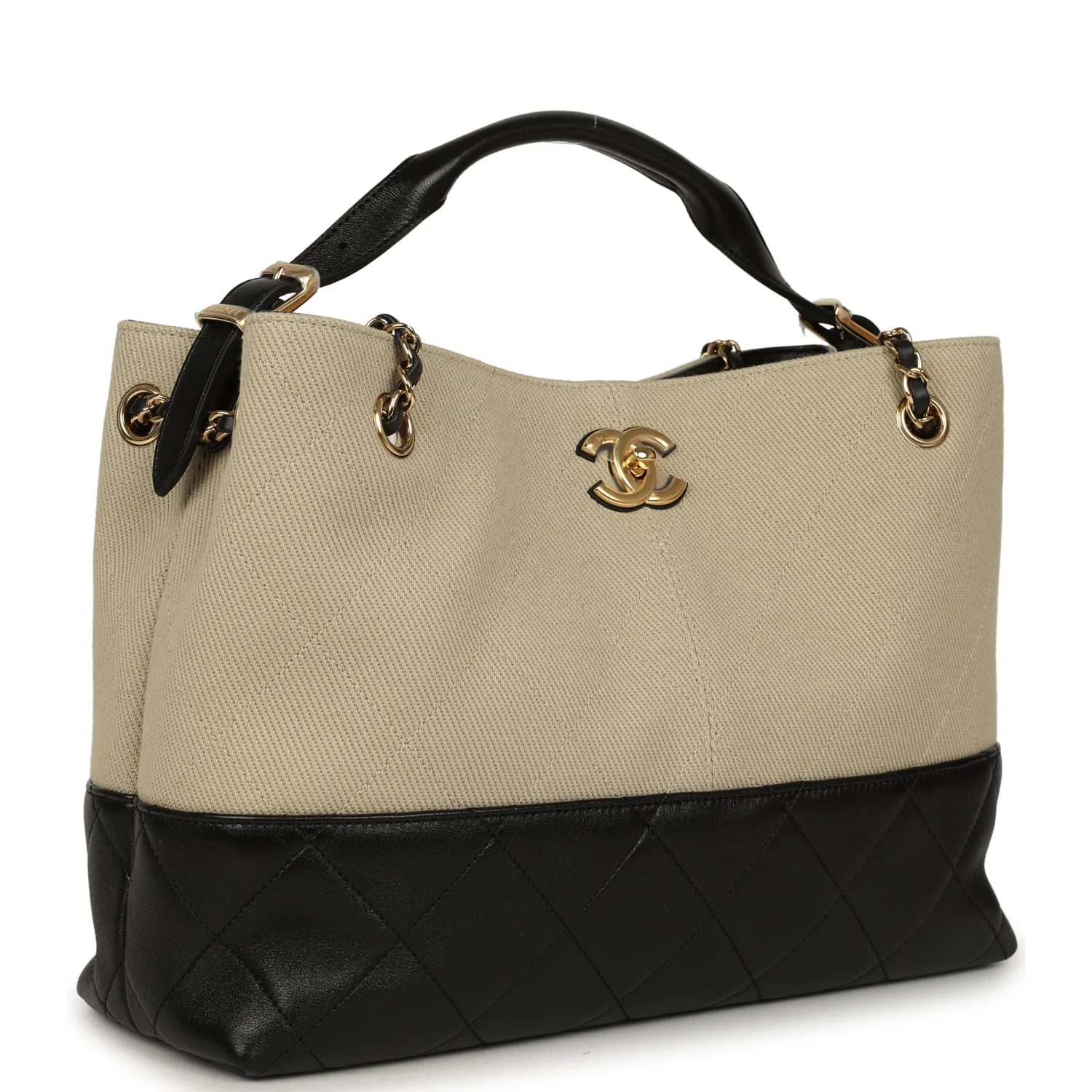 Small Coco Base Hobo Bag Beige Canvas and Black Shiny Lambskin Gold Hardware