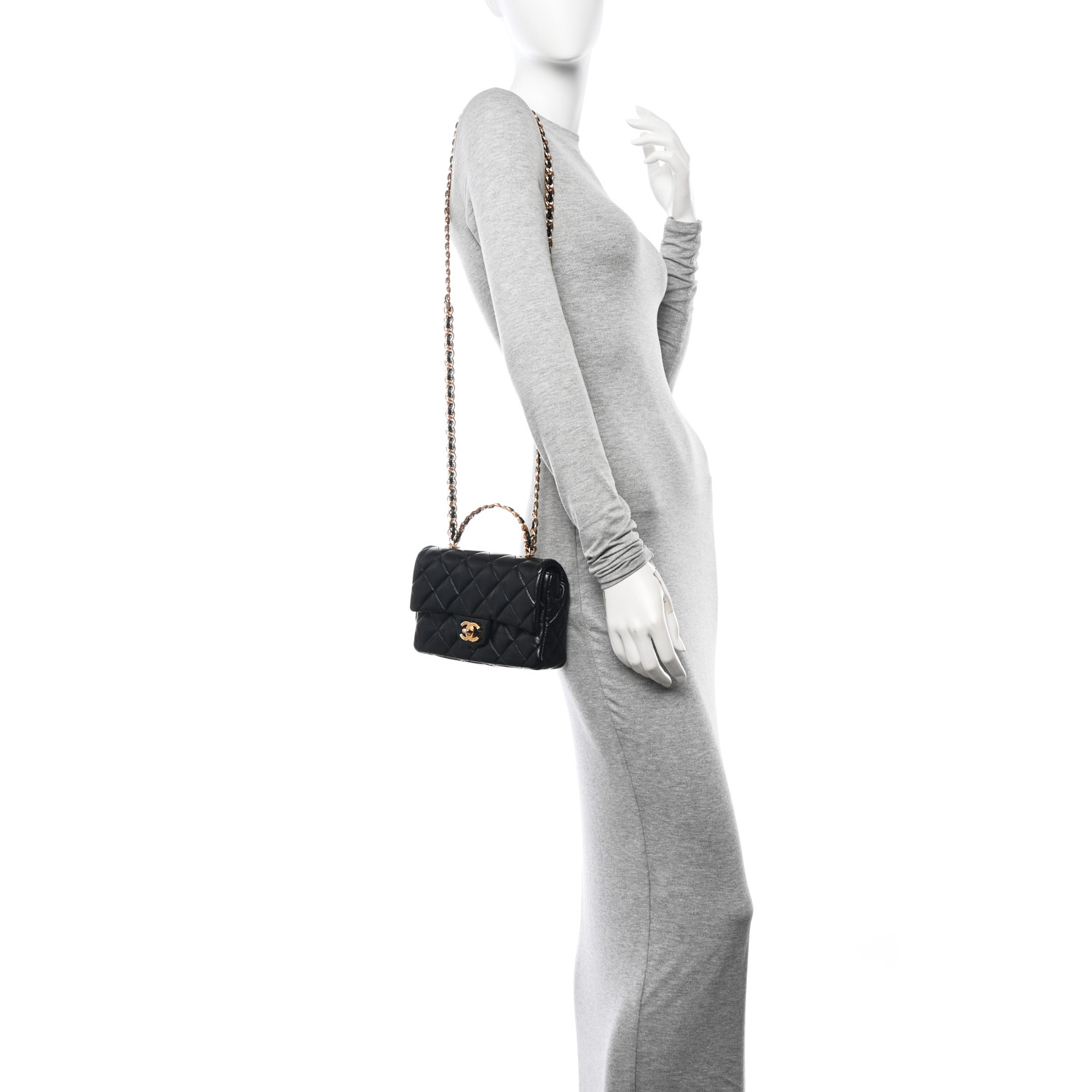 Shiny Lambskin Quilted Golden Links Top Handle Flap Black