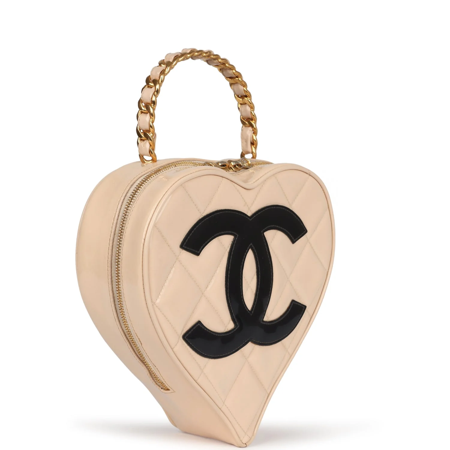Vintage  Heart Vanity Bag Beige and Black Patent Antique Gold Hardware