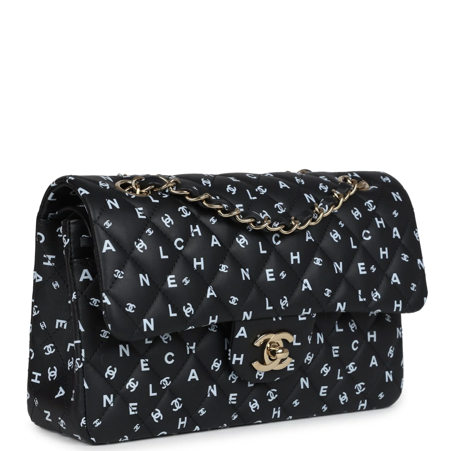 Small Classic Double Logo Printed Flap Bag Black and White Calfskin Gold Hardware