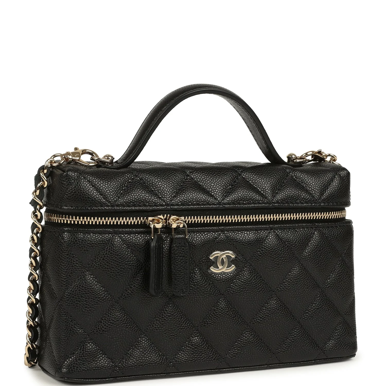 Top Handle Long Vanity Case with Chain Black Caviar Light Gold Hardware