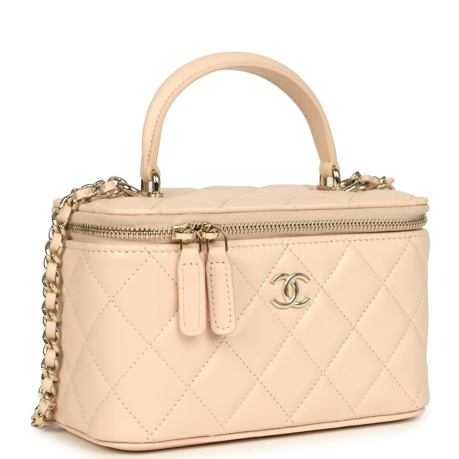 Small Top Handle Vanity Case Light Beige Lambskin Light Gold Hardware
