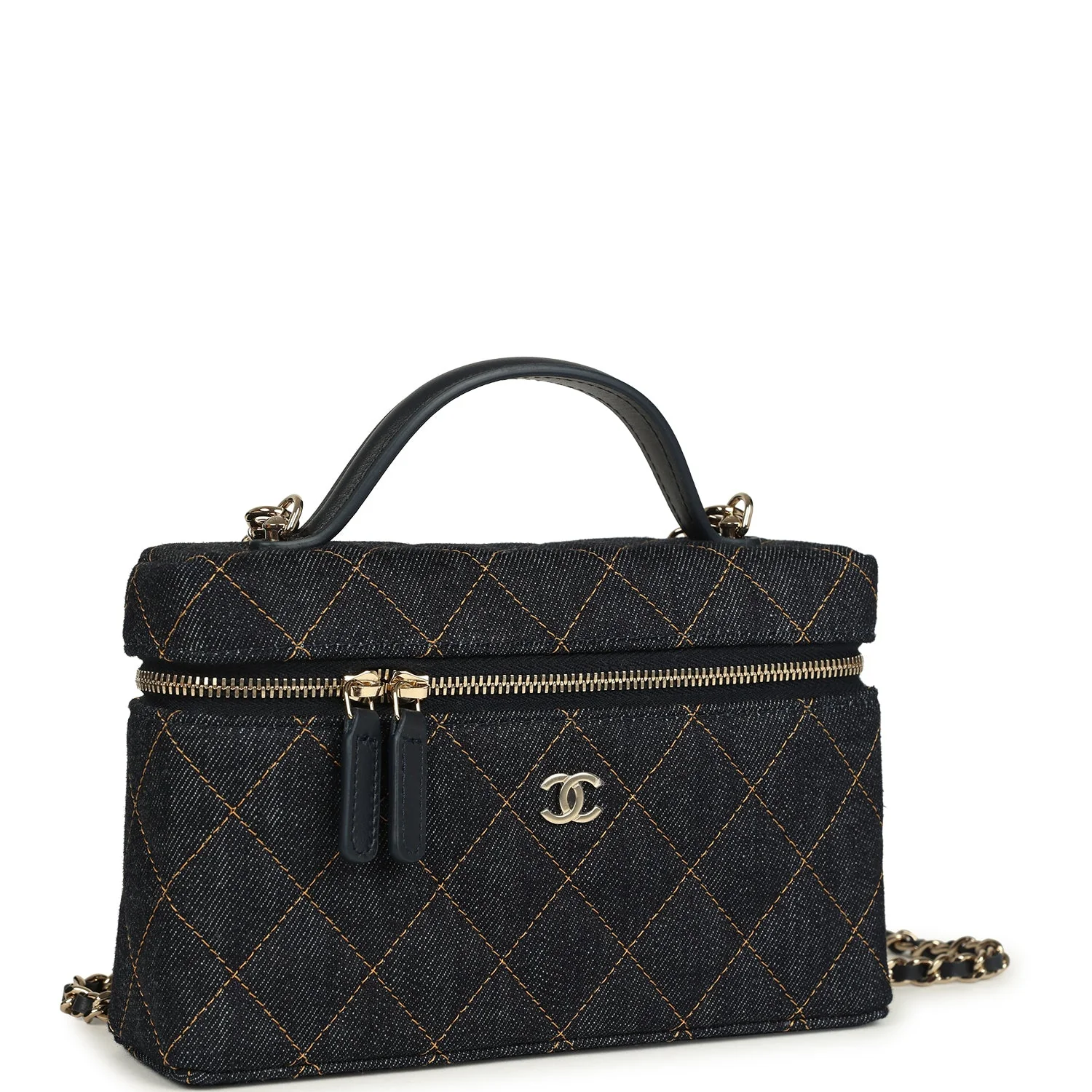 Top Handle Long Vanity Case with Chain Dark Blue Denim Light Gold Hardware