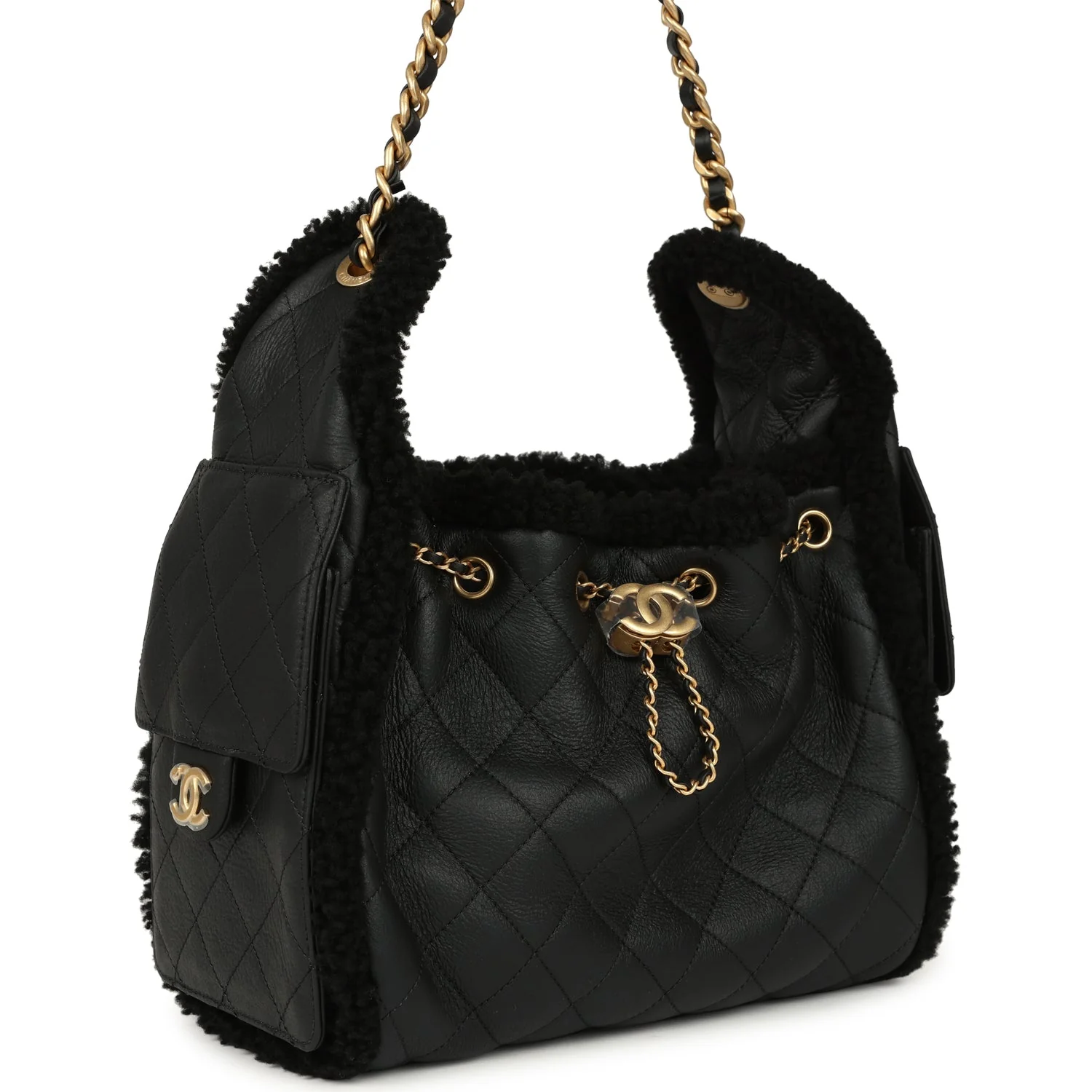 Small 25 Hobo Bag Black Crumpled Sheepskin and Shearling Antique Gold Hardware
