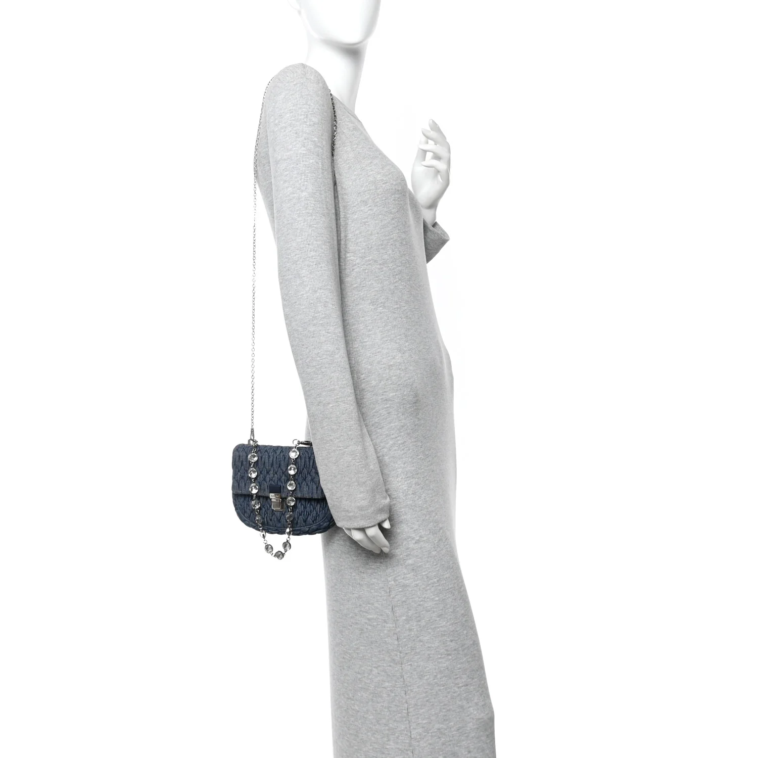 Denim Matelasse Crystal Chain Crossbody Bag Blue