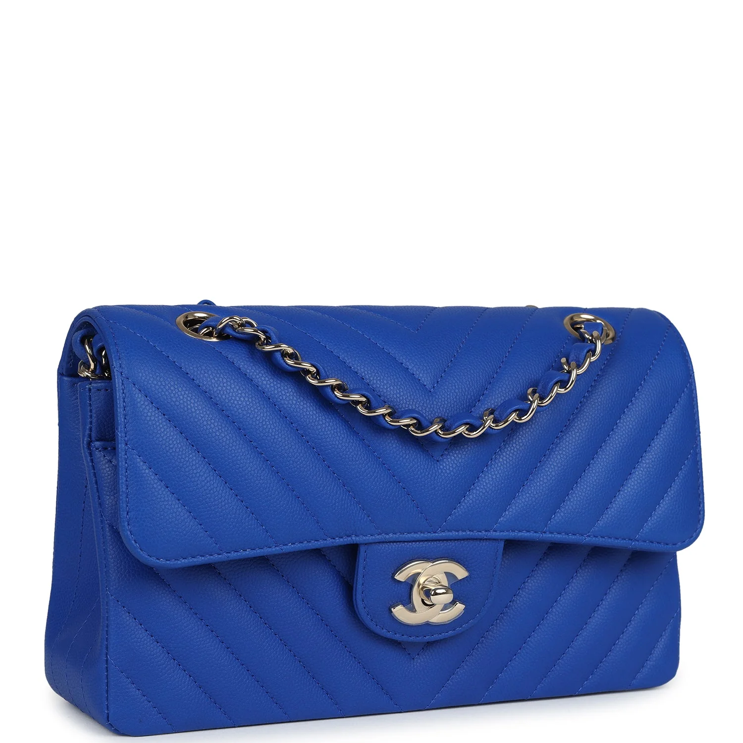 Small Classic Double Flap Blue Chevron Caviar Light Gold Hardware