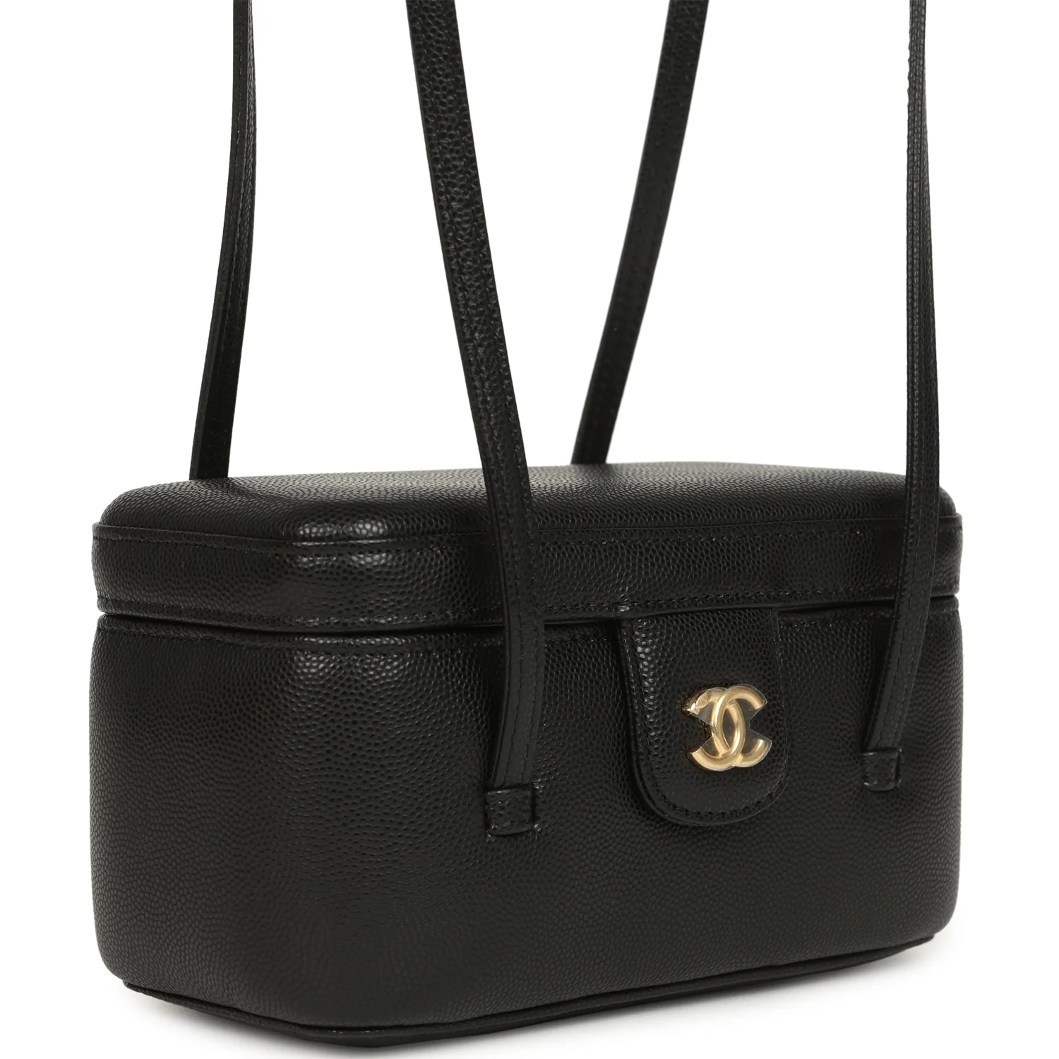 Preppy Coco Long Vanity with Straps Black Shiny Caviar Brushed Gold Hardware