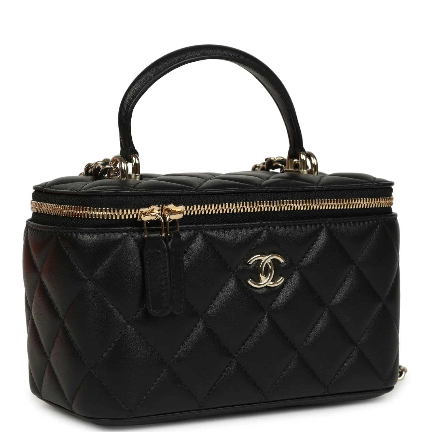 Small Top Handle Vanity Case Black Lambskin Light Gold Hardware