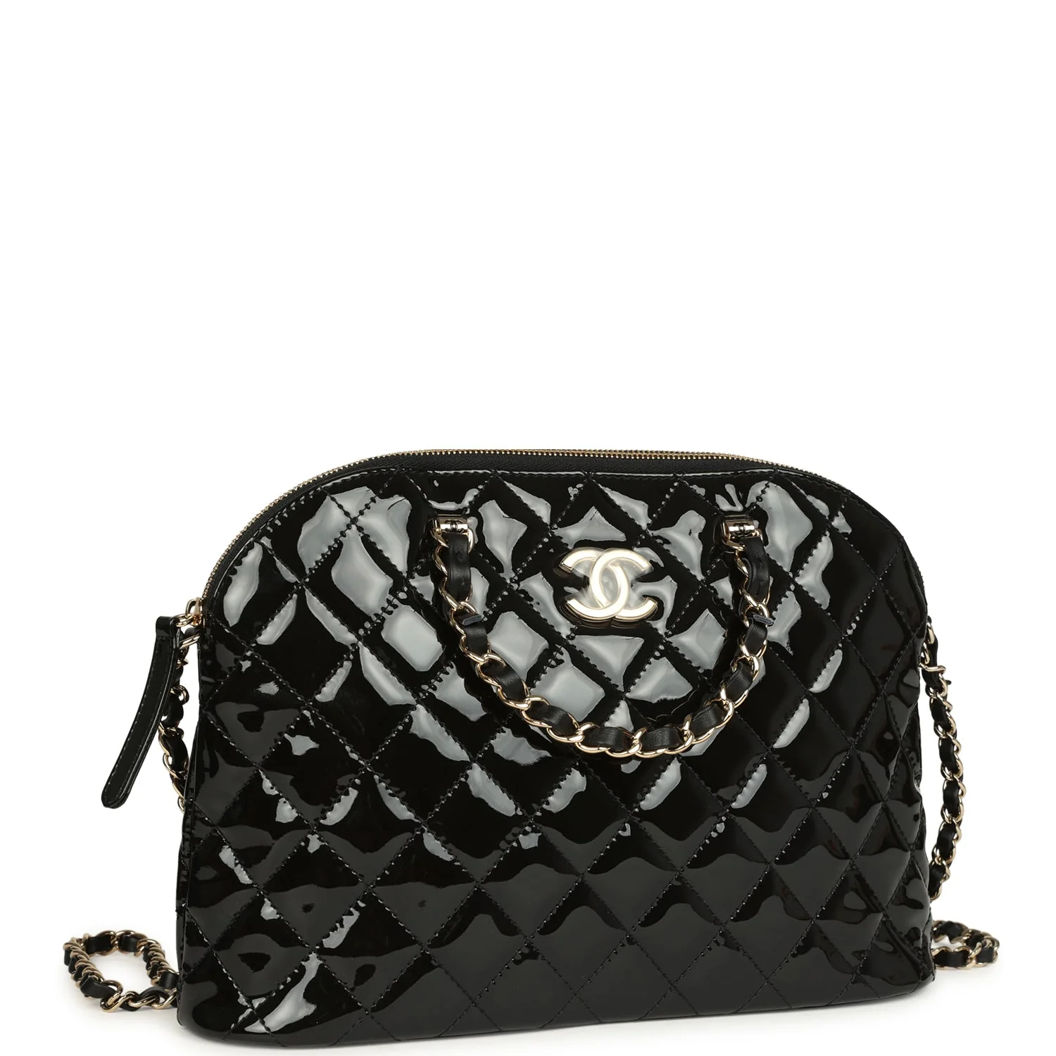 Top Handle Shopping Bag Black Patent Leather Gold Hardware