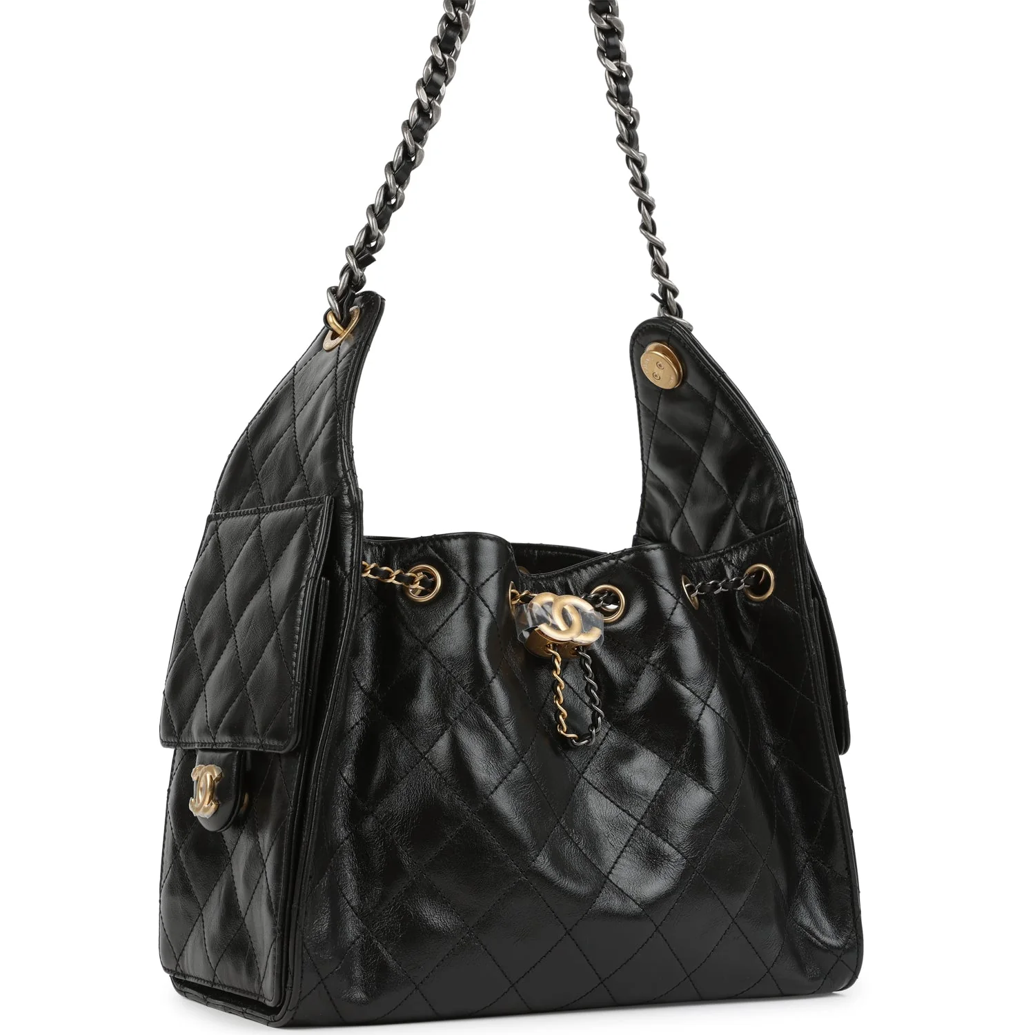 Small 25 Hobo Bag Black Shiny Crumpled Calfskin Mixed Metal Hardware