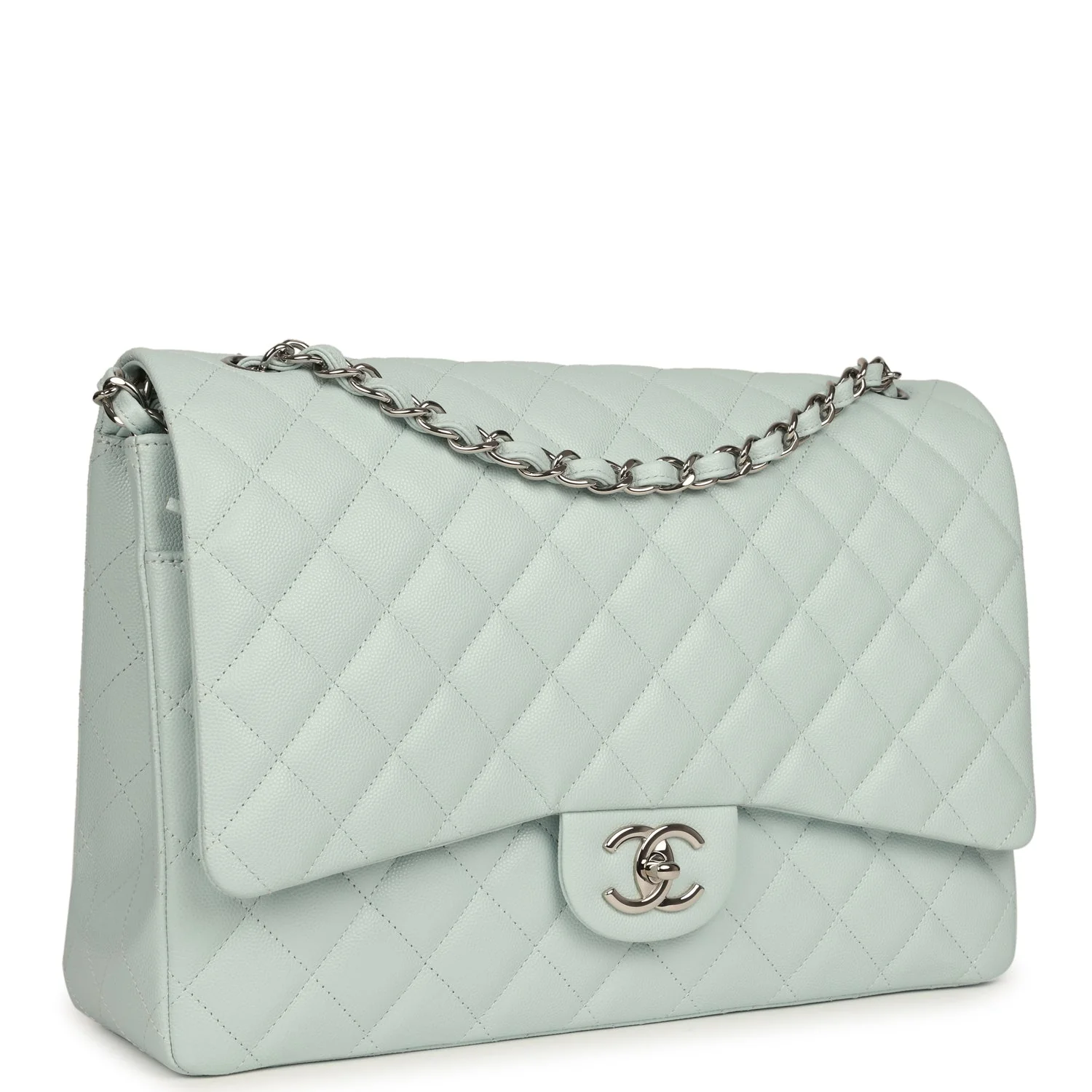Maxi Classic Double Flap Bag Light Blue Shiny Caviar Silver Hardware