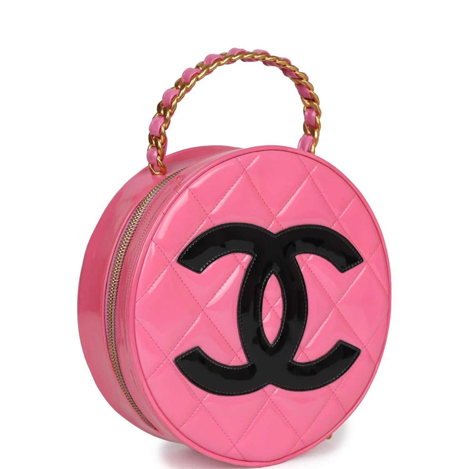 Vintage  Round Vanity Bag Pink and Black Patent Leather Antique Gold Hardware
