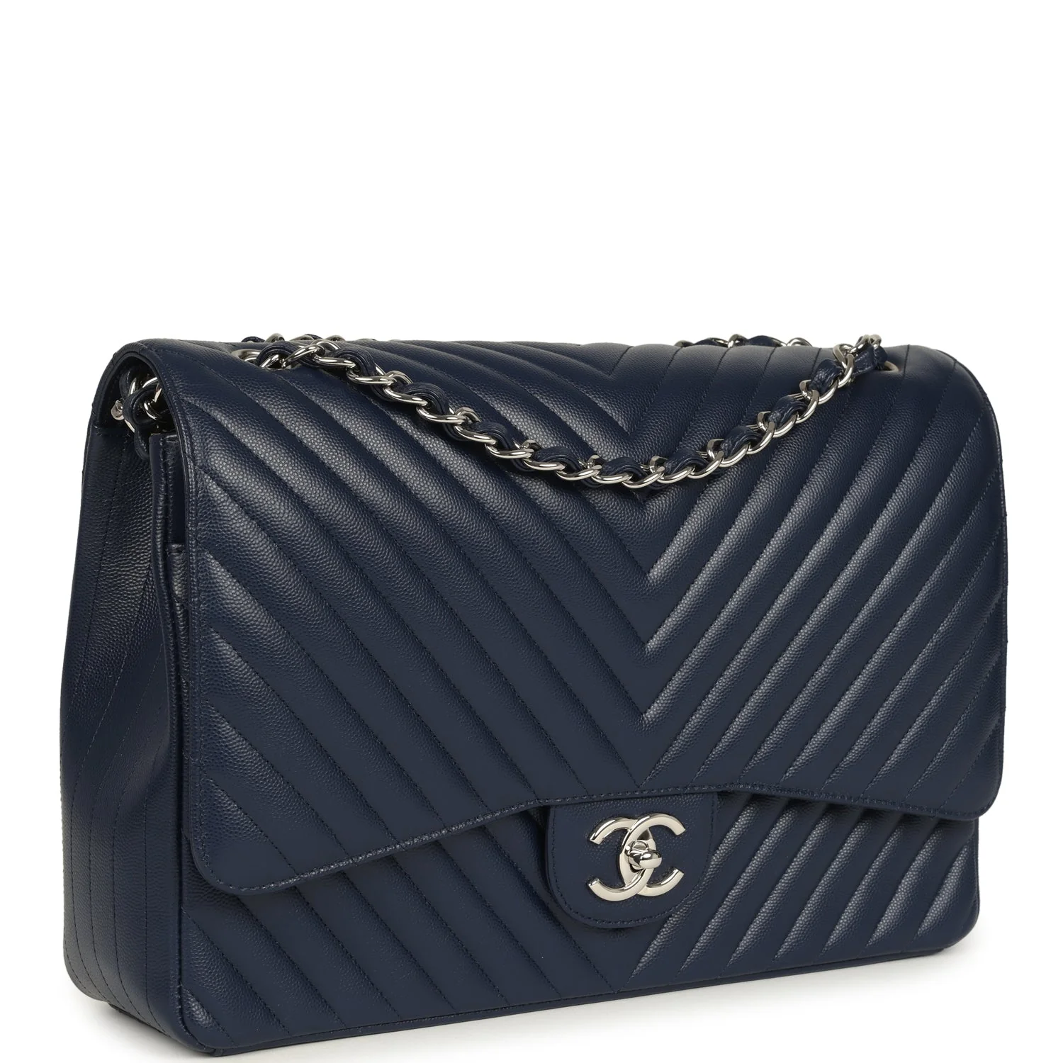 Maxi Classic Chevron Double Flap Bag Dark Blue Caviar Silver Hardware