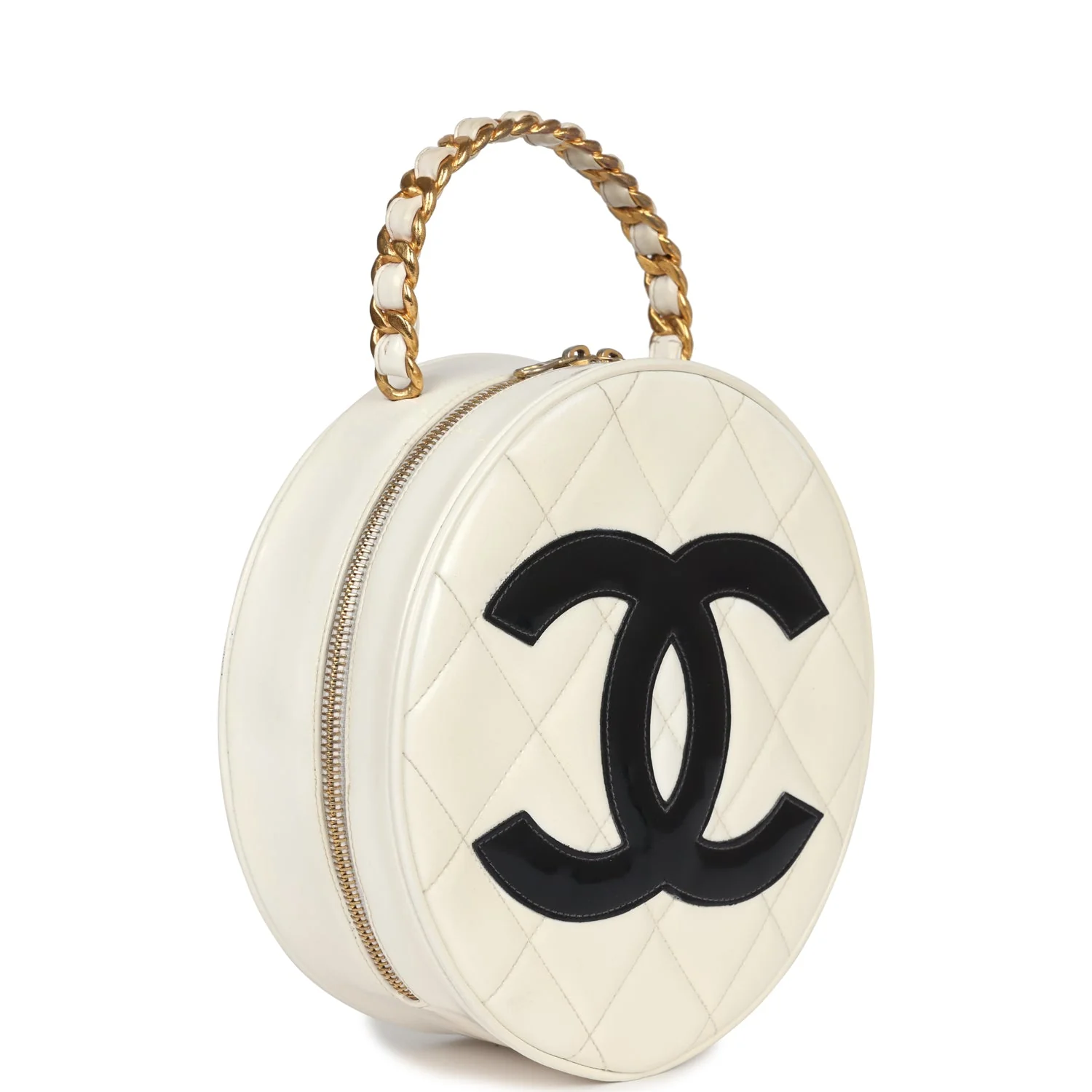 Vintage  Round Vanity Bag White and Black Patent Leather Antique Gold Hardware