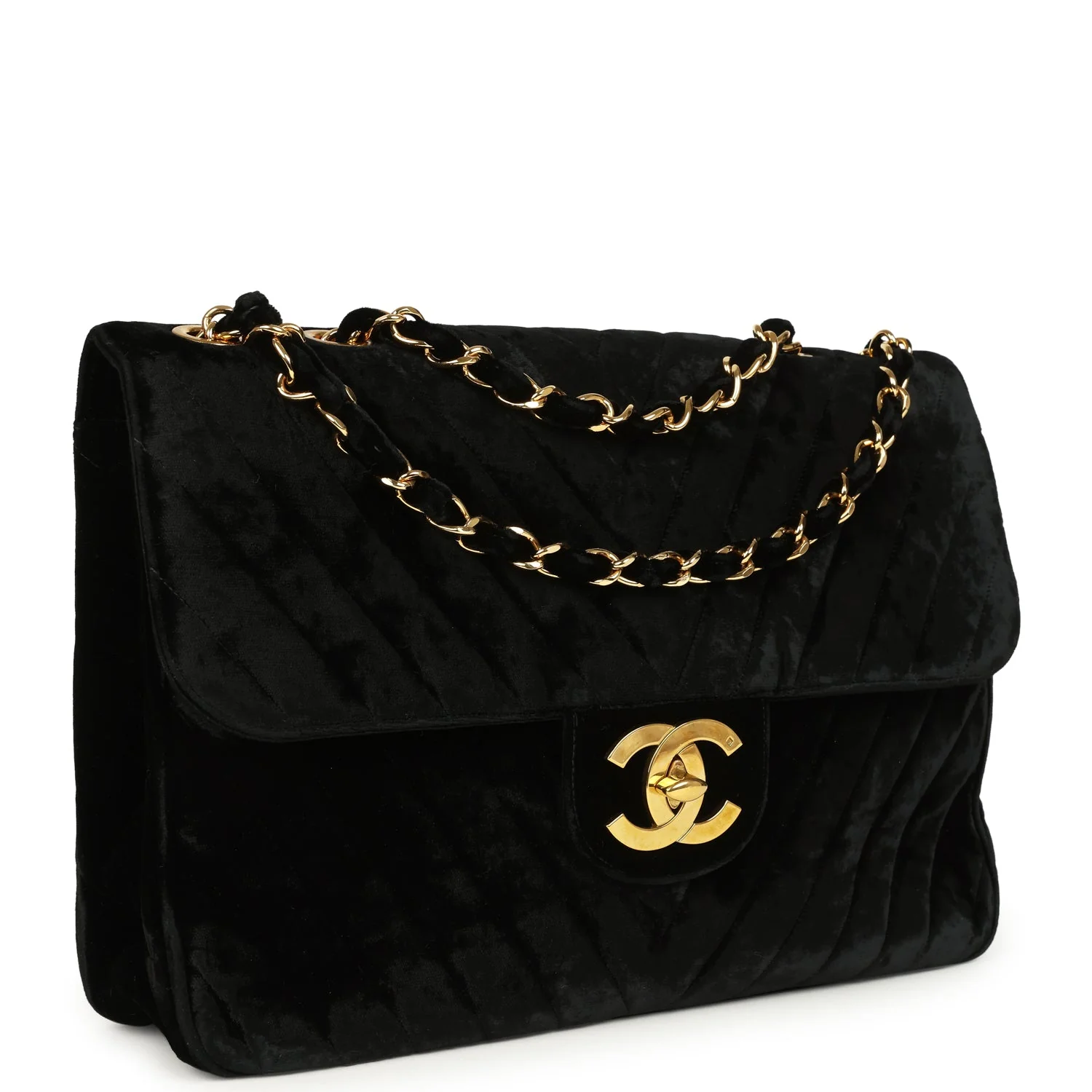 Vintage  XL Classic Chevron Single Flap Bag Black Velvet Gold Hardware