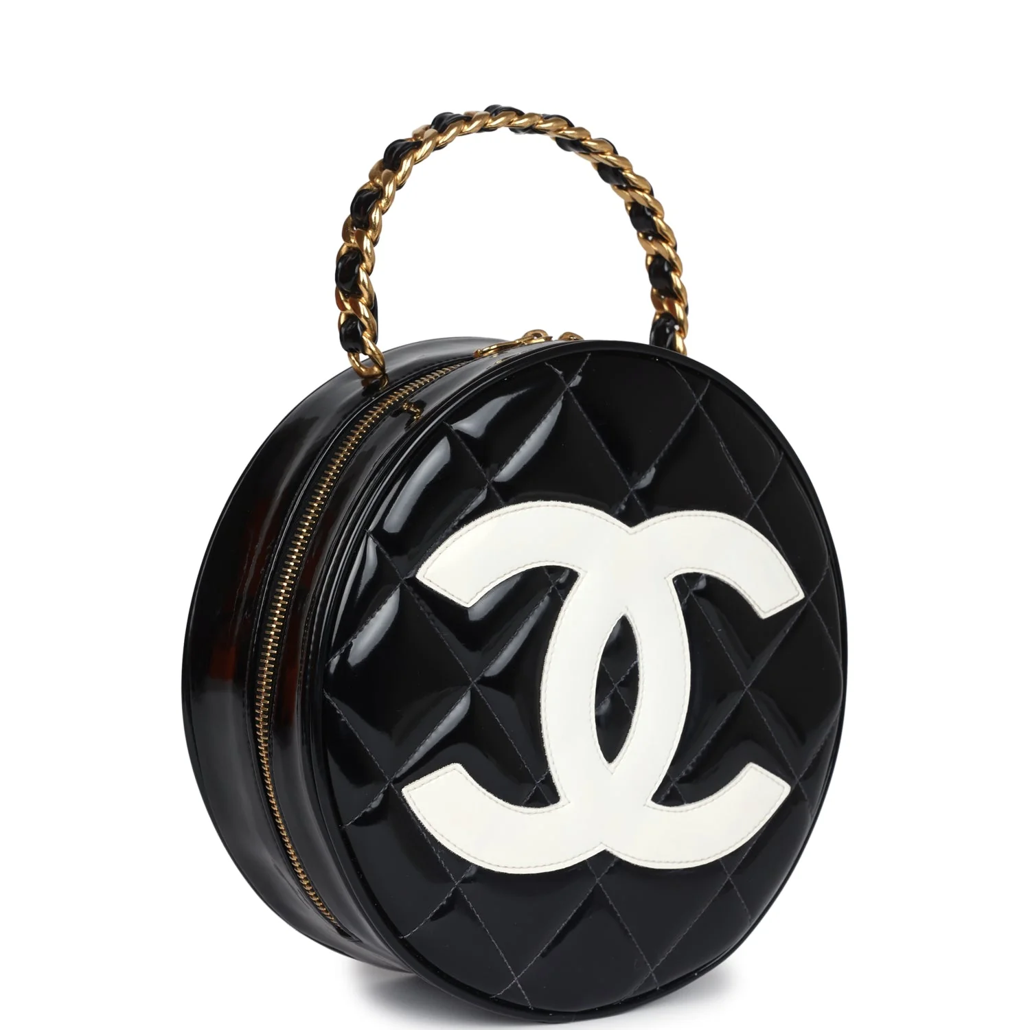 Vintage  Round Vanity Bag Black and White Patent Leather Antique Gold Hardware