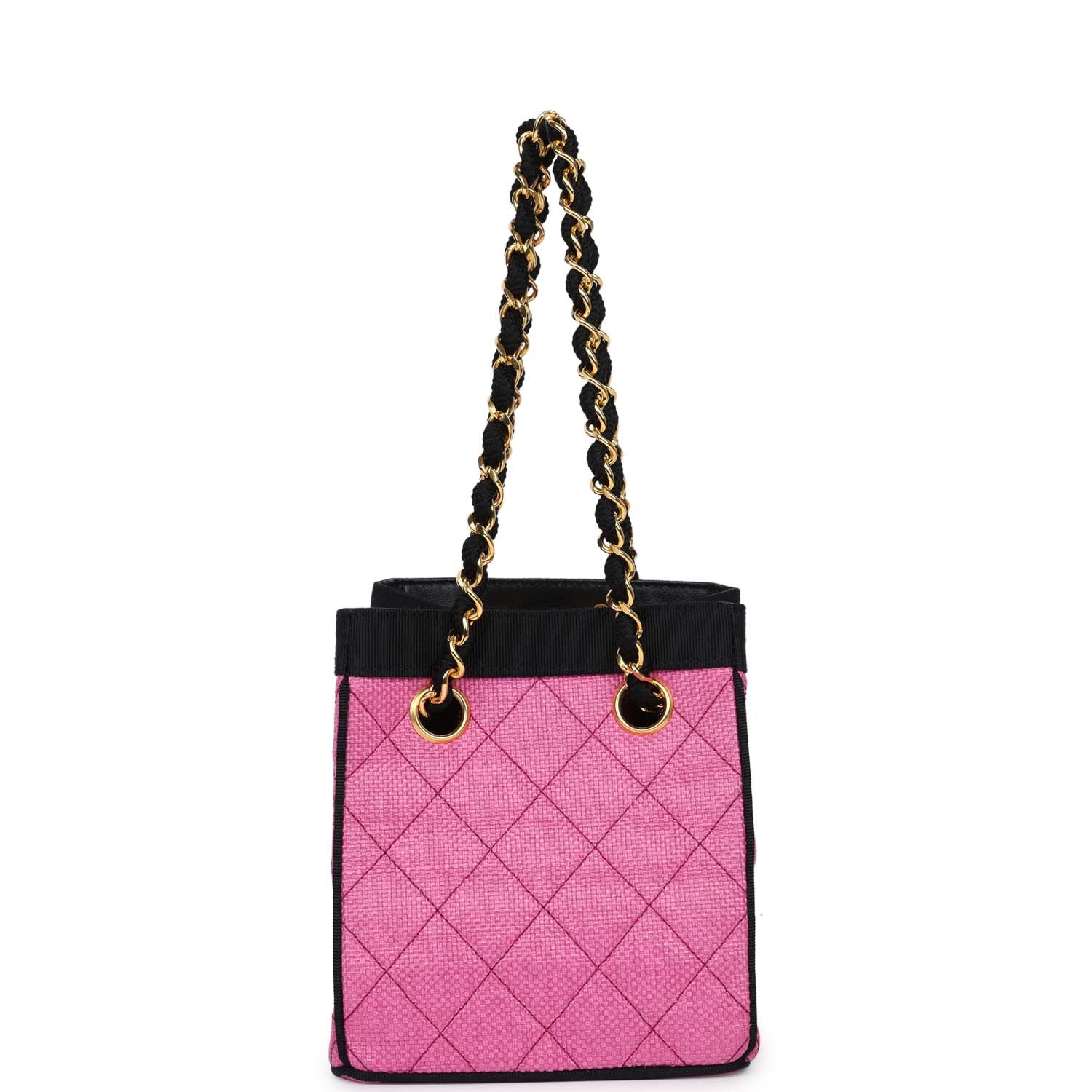Vintage  Set of Two Mini Bucket Bag & Oval Handbag Pink and Black Raffia Gold Hardware