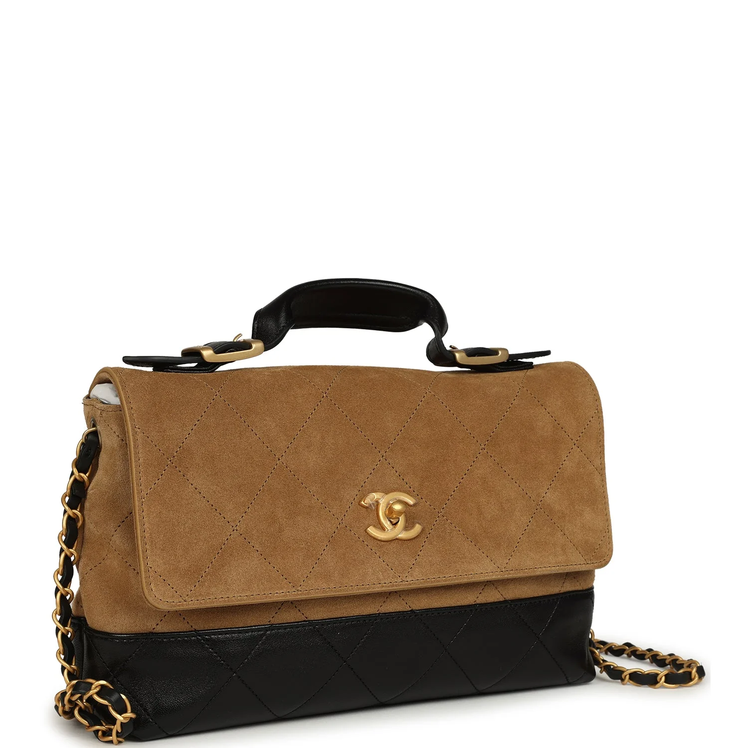 Coco Base Top Handle Flap Bag Brown Suede and Black Shiny Lambskin Brushed Gold Hardware
