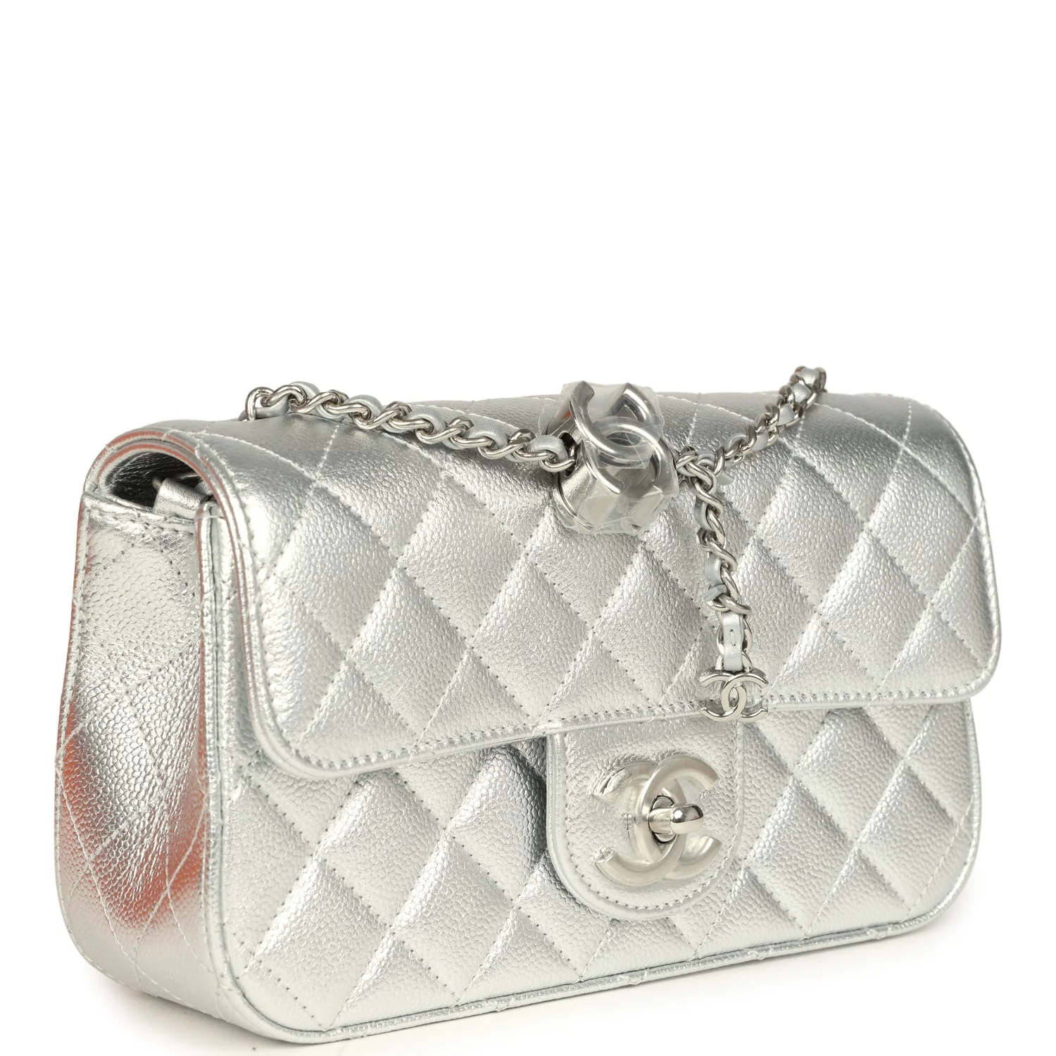 Mini CC Crush Flap Bag Silver Metallic Caviar Silver Hardware