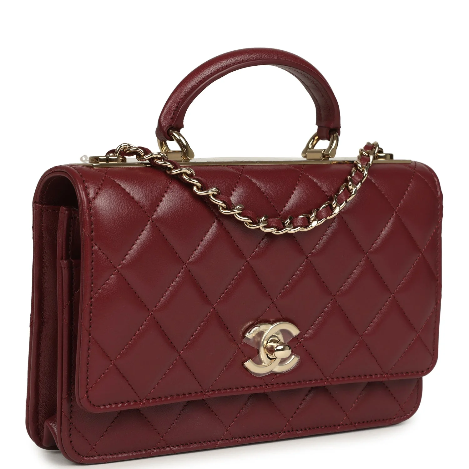 Trendy Top Handle Wallet On Chain Burgundy Lamsbkin Light Gold Hardware