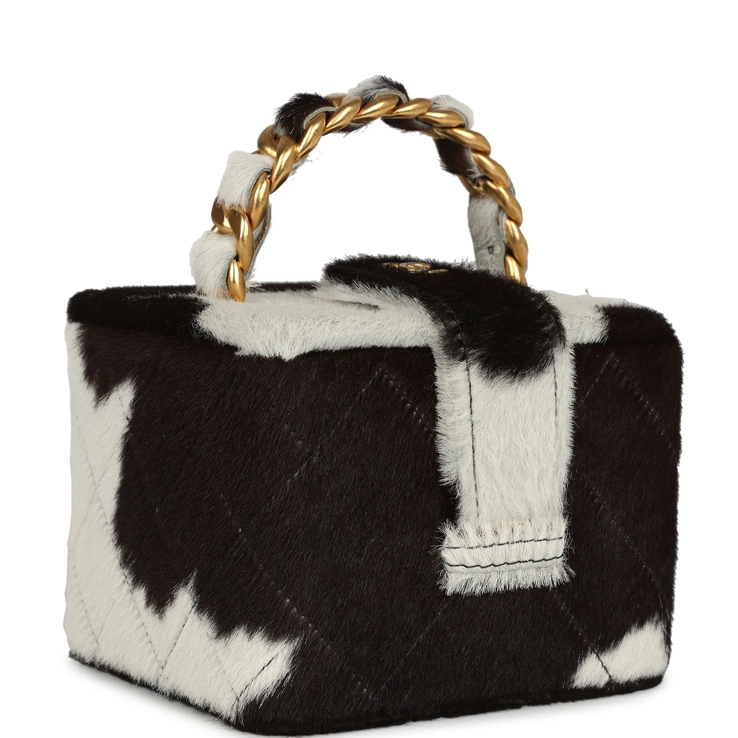 Vintage  Square Vanity Box Brown and White Cow Print Pony Hair Antique Gold Hardware