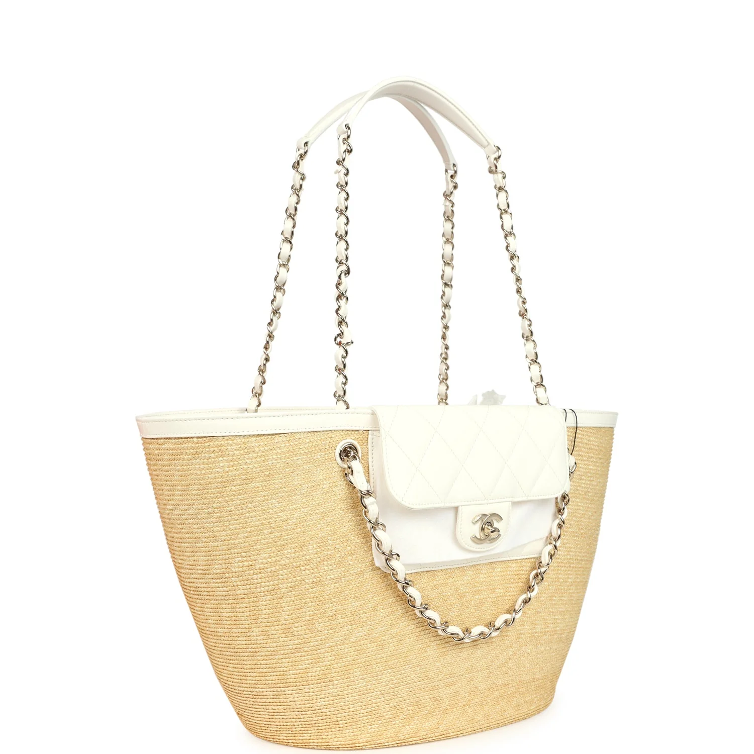 Large Shopping Tote Bag Beige Raffia and White Lambskin Light Gold Hardware