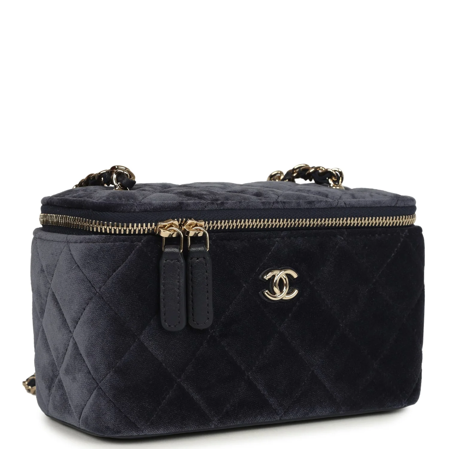 Small Crystal Pearl Crush Vanity Case Gris Fonce Velvet Light Gold Hardware
