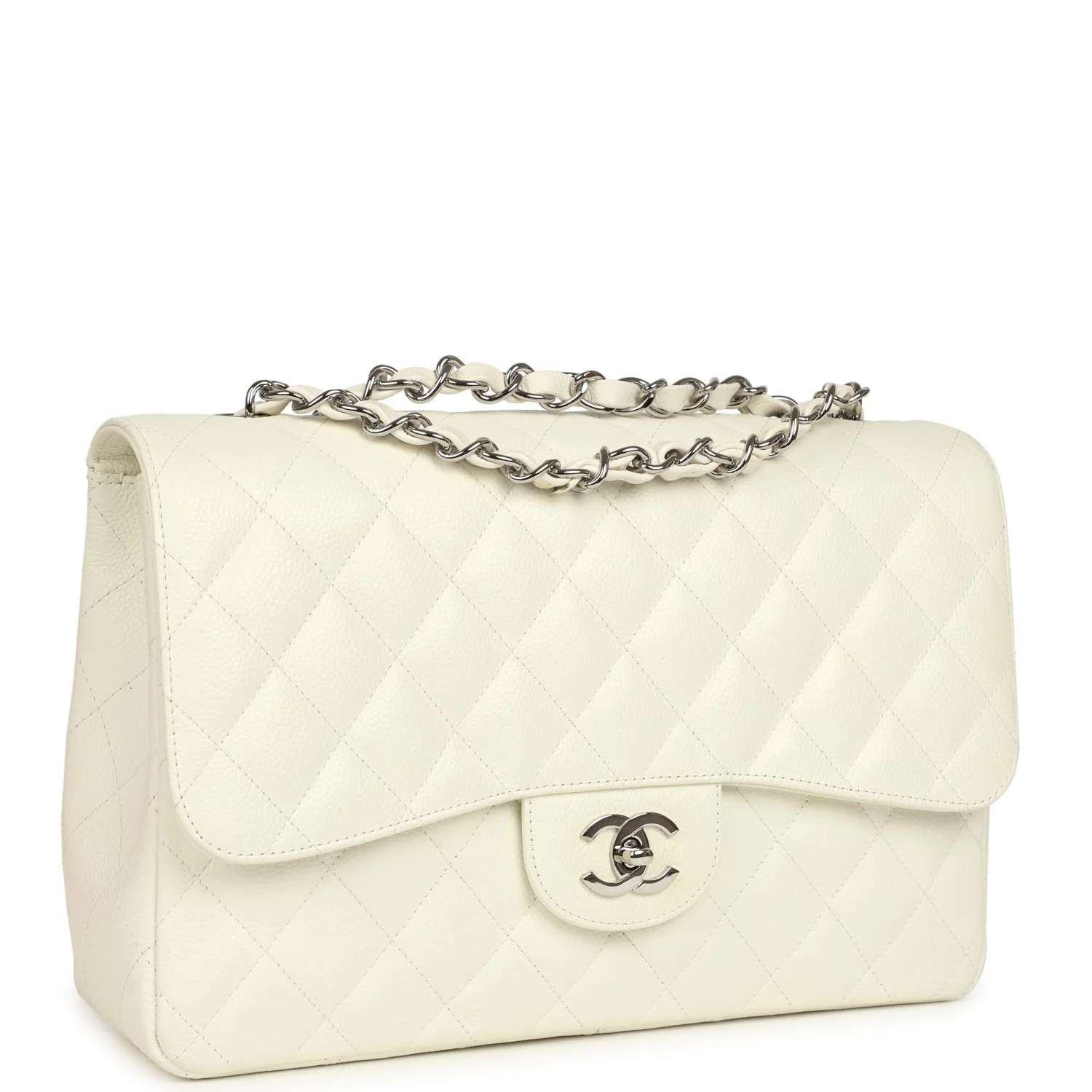 Vintage  Classic Jumbo Single Flap Bag White Caviar Silver Hardware