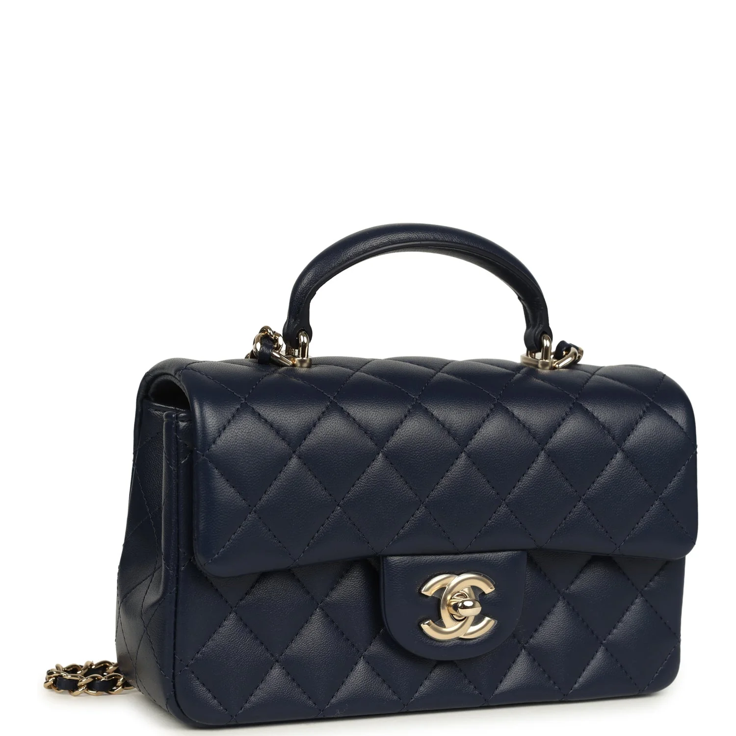 Mini Classic Rectangular Top Handle Flap Navy Lambskin Light Gold Hardware