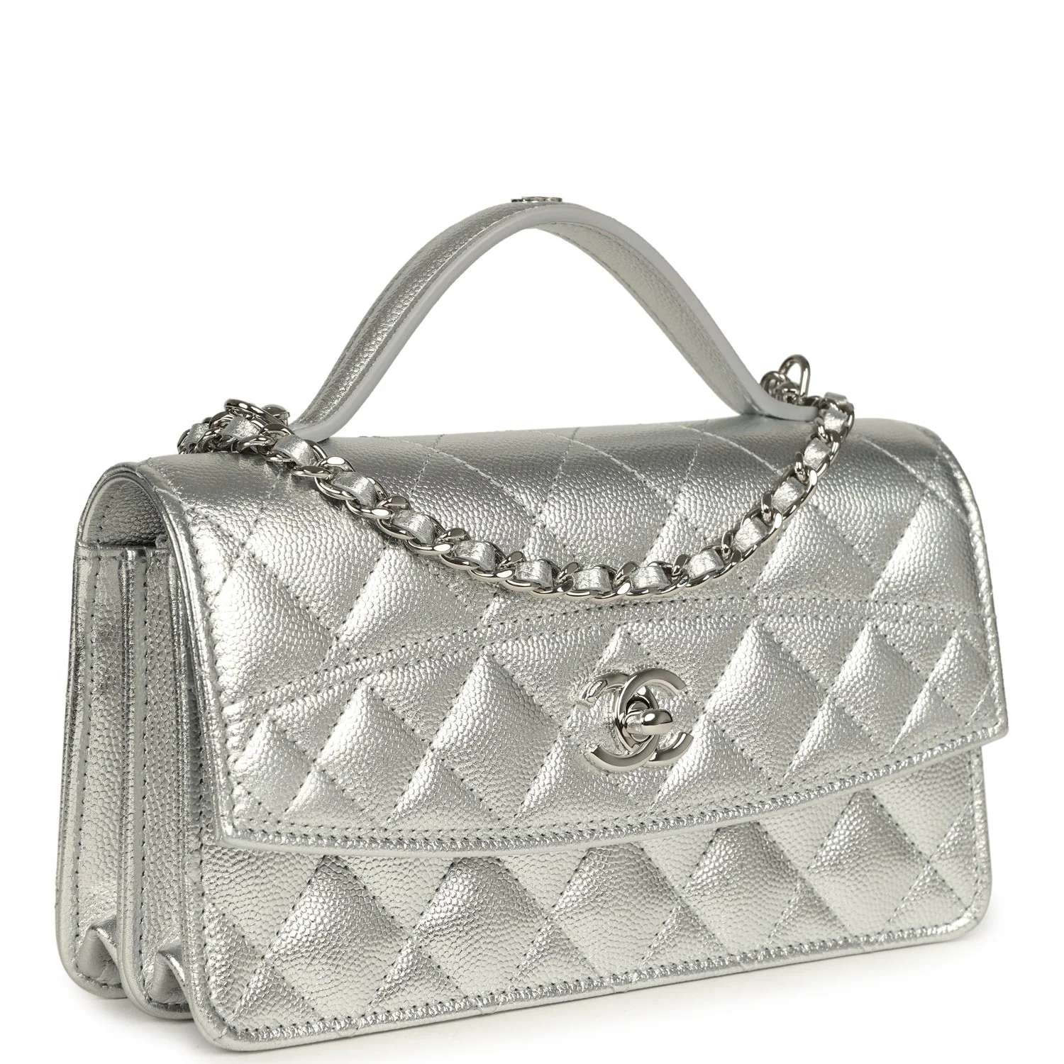 Trendy Top Handle Wallet On Chain WOC Metallic Silver Shiny Caviar Silver Hardware