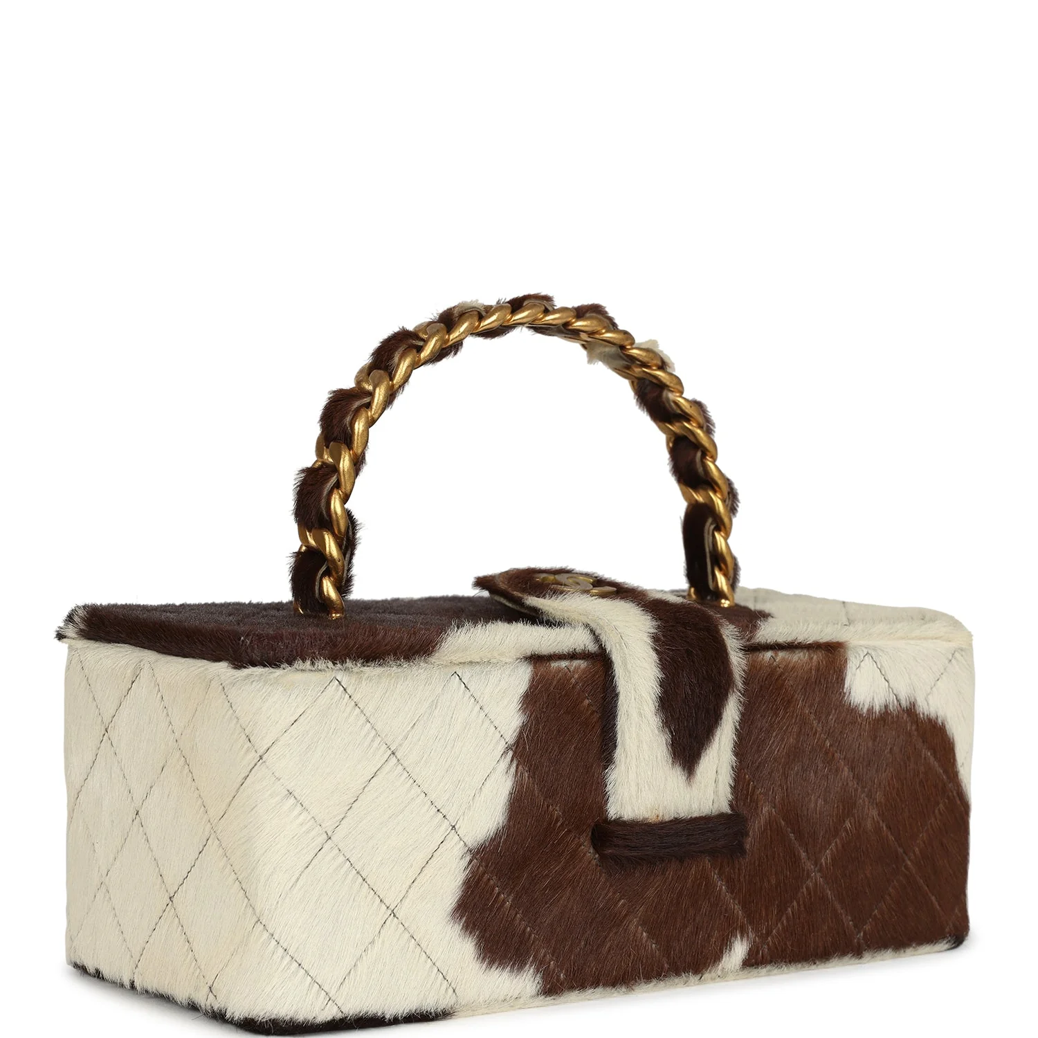 Vintage  Rectangular Vanity Box Brown and White Cow Print Pony Hair Antique Gold Hardware