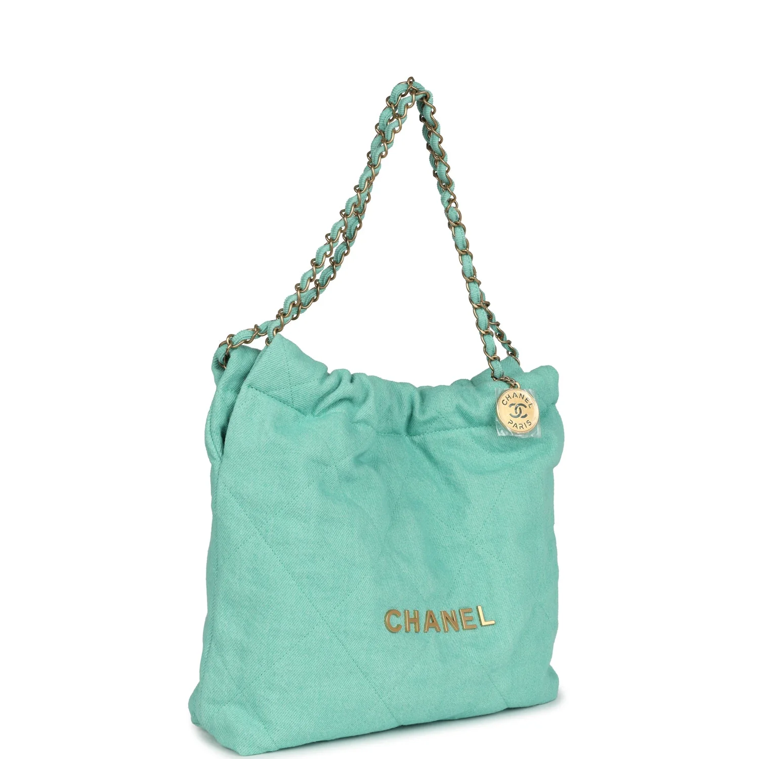 Small 22 Bag Light Green Washed Denim Gold Hardware