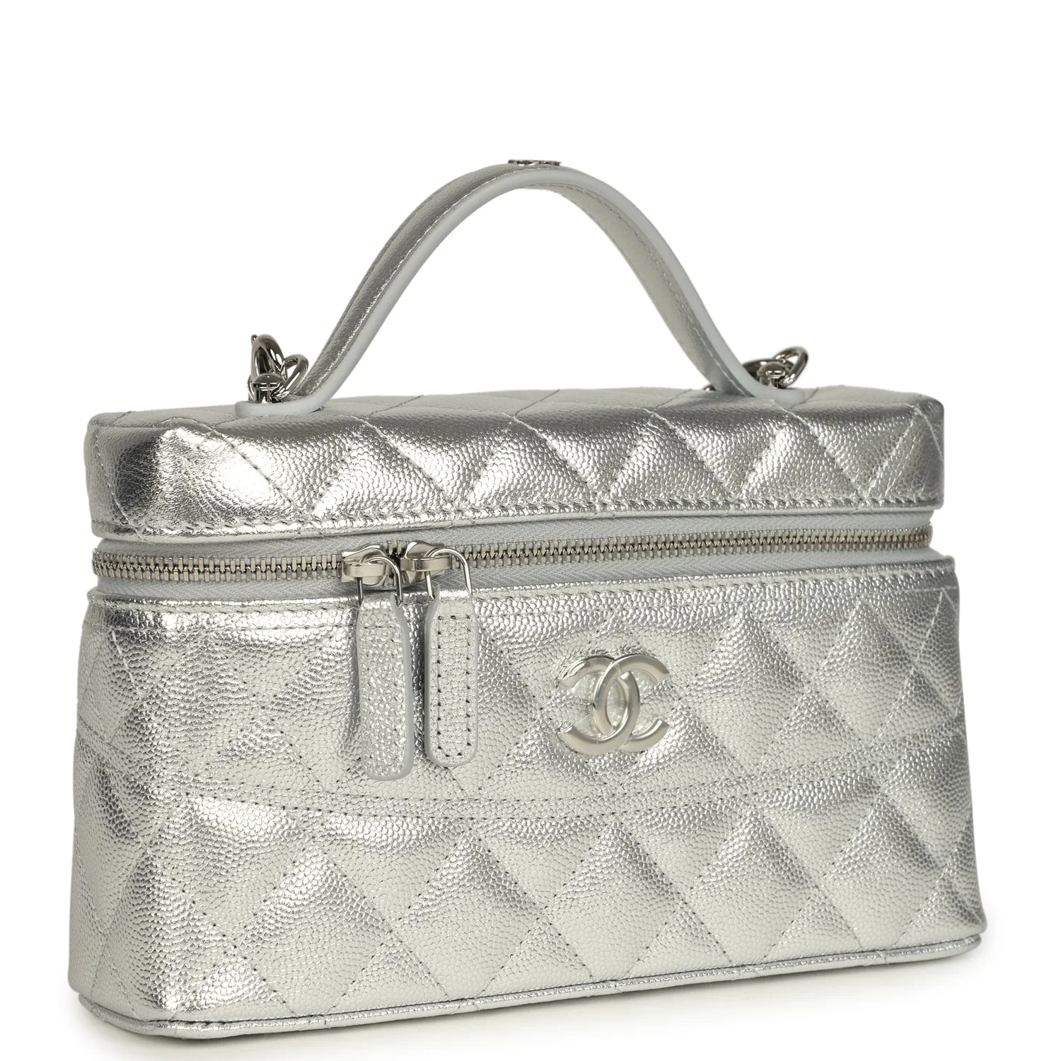 Top Handle Long Vanity Case with Chain Metallic Silver Shiny Caviar Silver Hardware