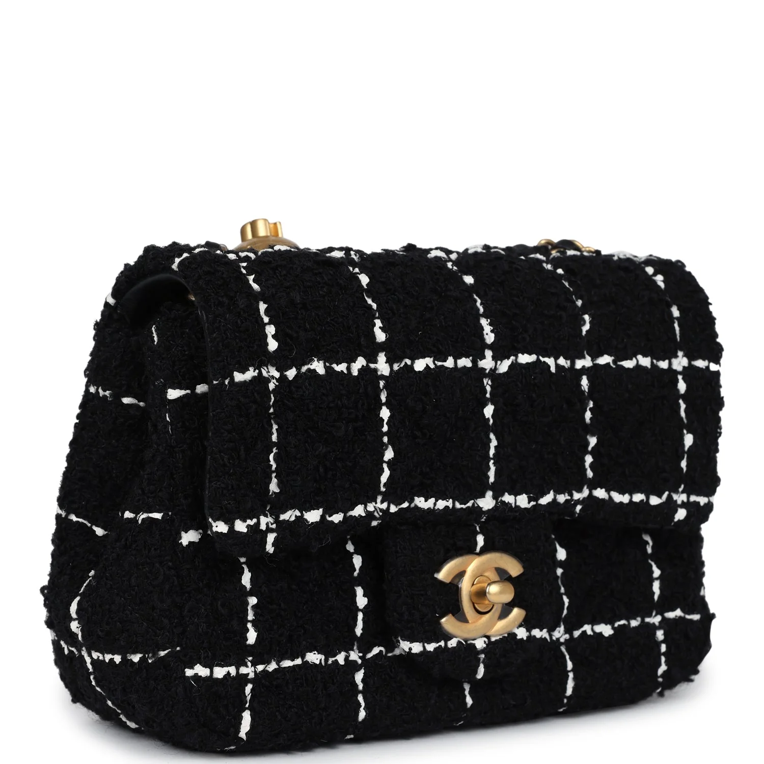 Mini Pearl Crush Square Flap Bag White and Black Tweed Antique Gold Hardware