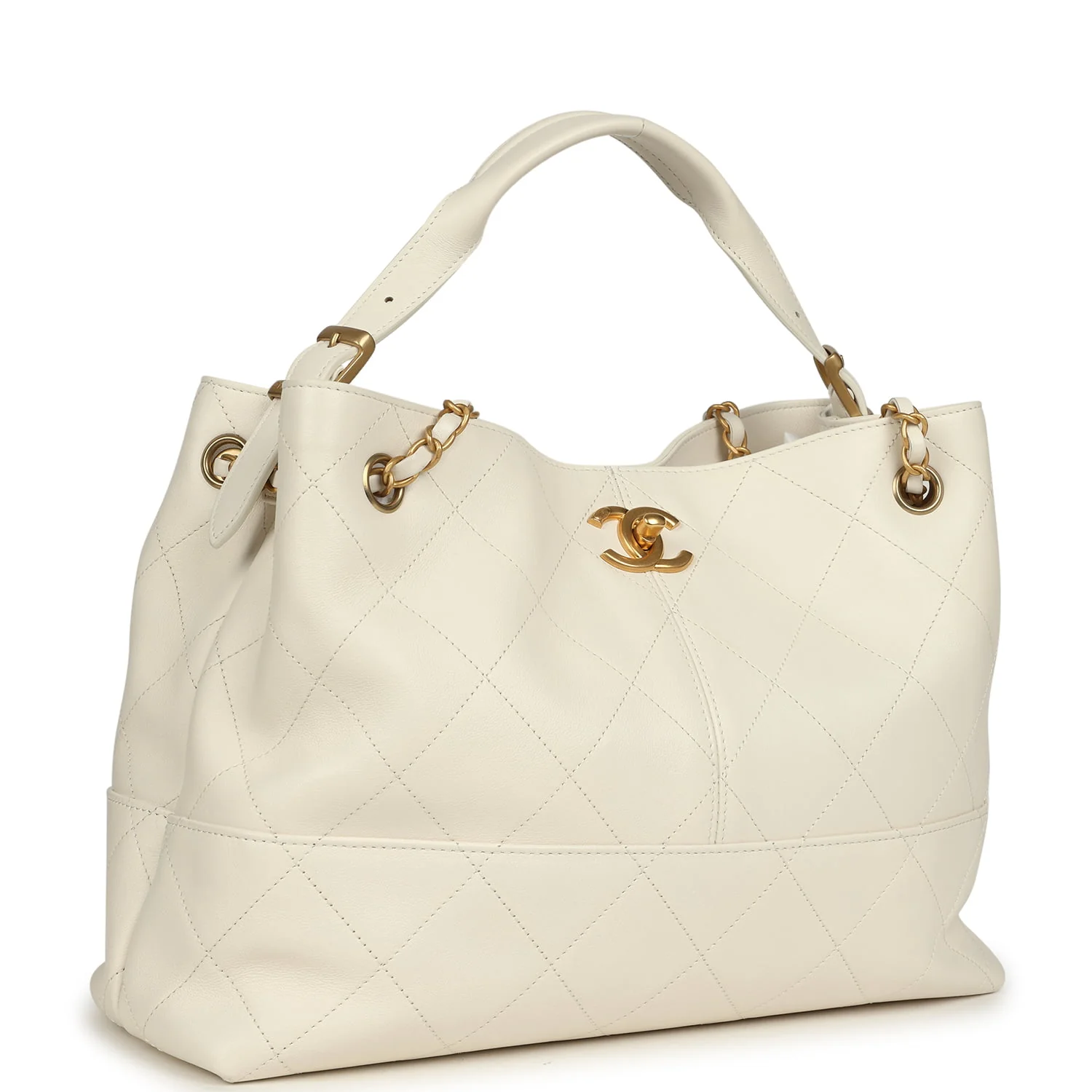 Small Coco Hobo Bag White Calfskin Antique Gold Hardware
