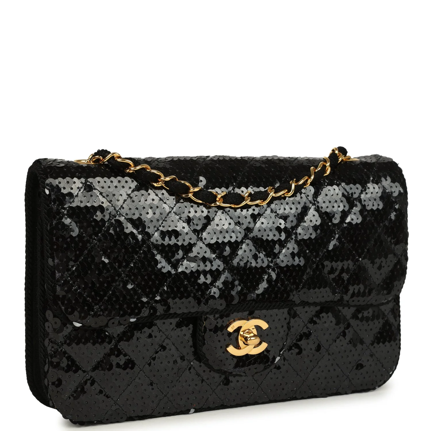 Vintage  Small Flap Bag Black Sequin Gold Hardware