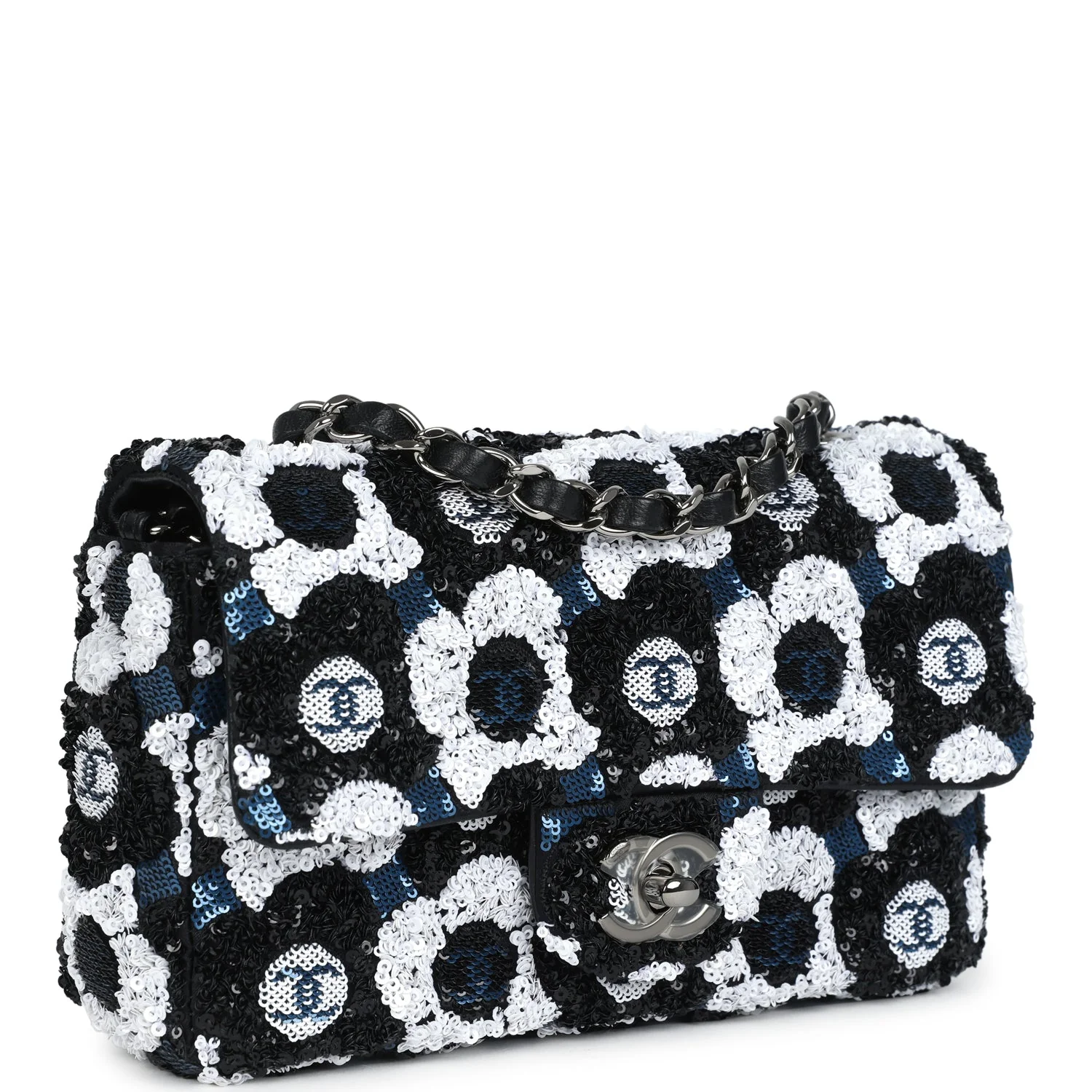 Mini Rectangular Flower Flap Bag Black, Navy and White Sequin Ruthenium Hardware