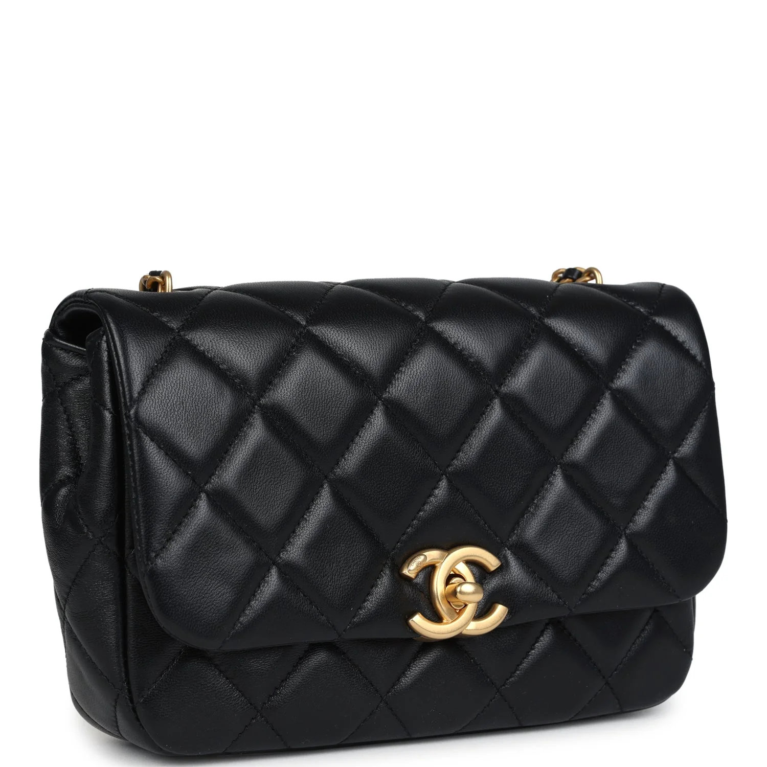 Mini Pearly Chain Flap Bag Black Lambskin Brushed Gold Hardware