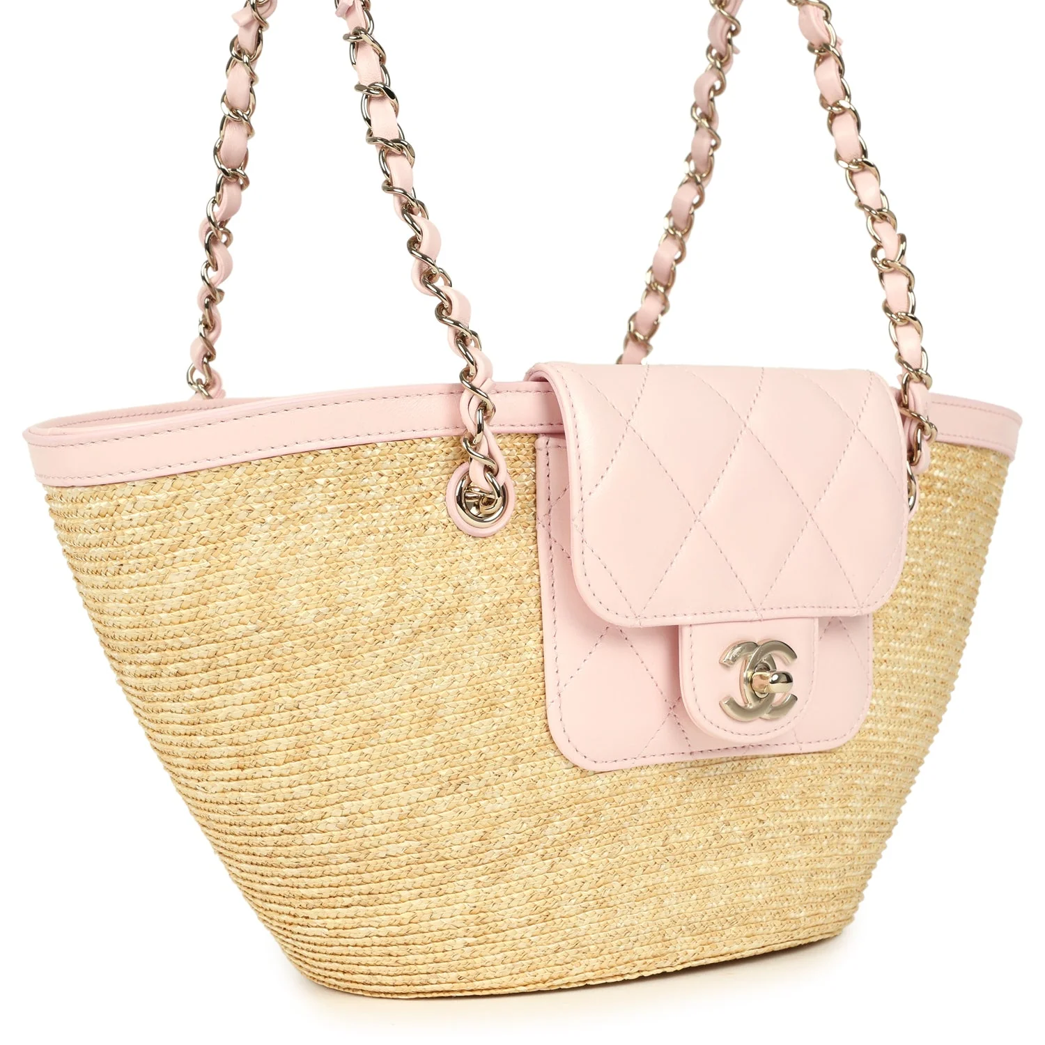 Small Shopping Tote Bag Beige Raffia and Light Pink Lambskin Light Gold Hardware