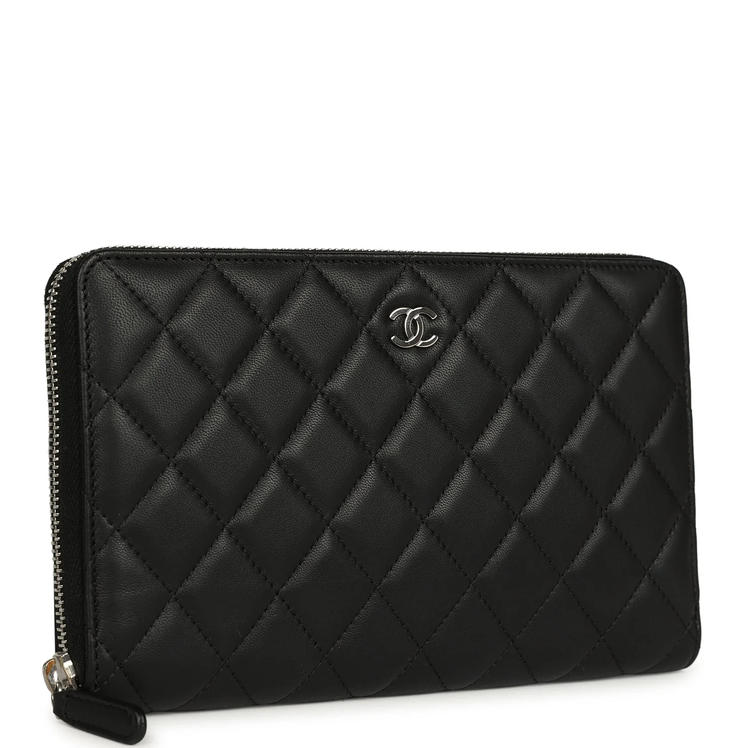 Classic Organizer Zip Wallet Black Lambskin Silver Hardware