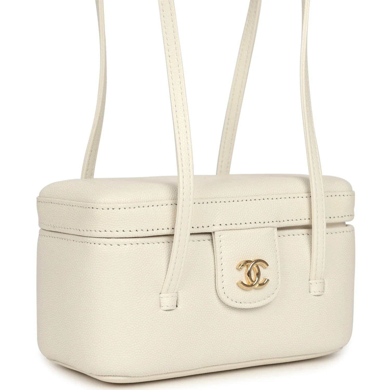 Preppy Coco Long Vanity with Straps White Shiny Caviar Brushed Gold Hardware