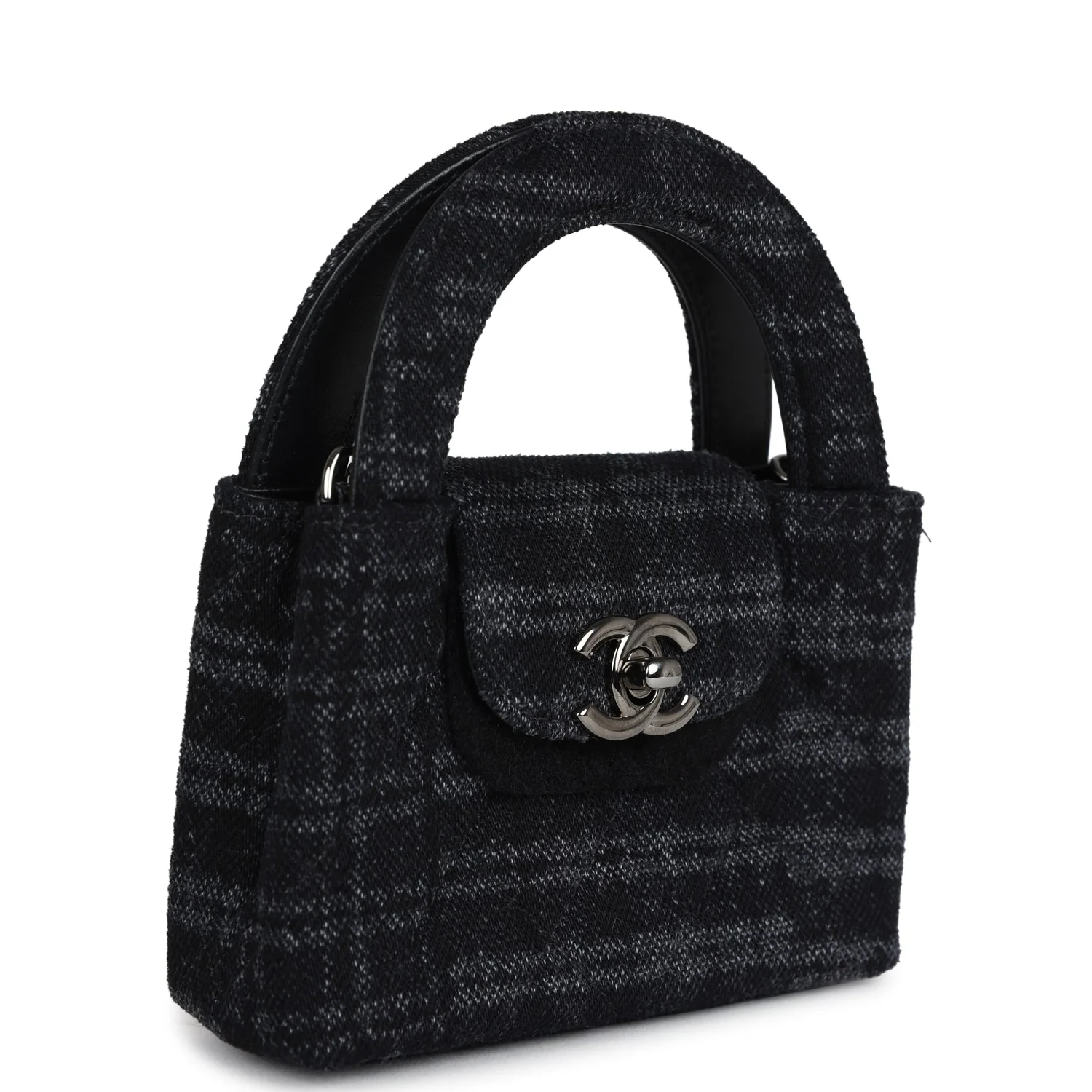 Nano Kelly Shopper Black and Grey Printed Denim Ruthenium Hardware