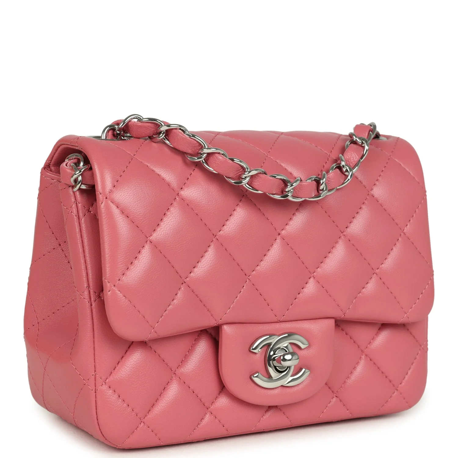 Mini Classic Square Flap Bag Pink Lambskin Silver Hardware