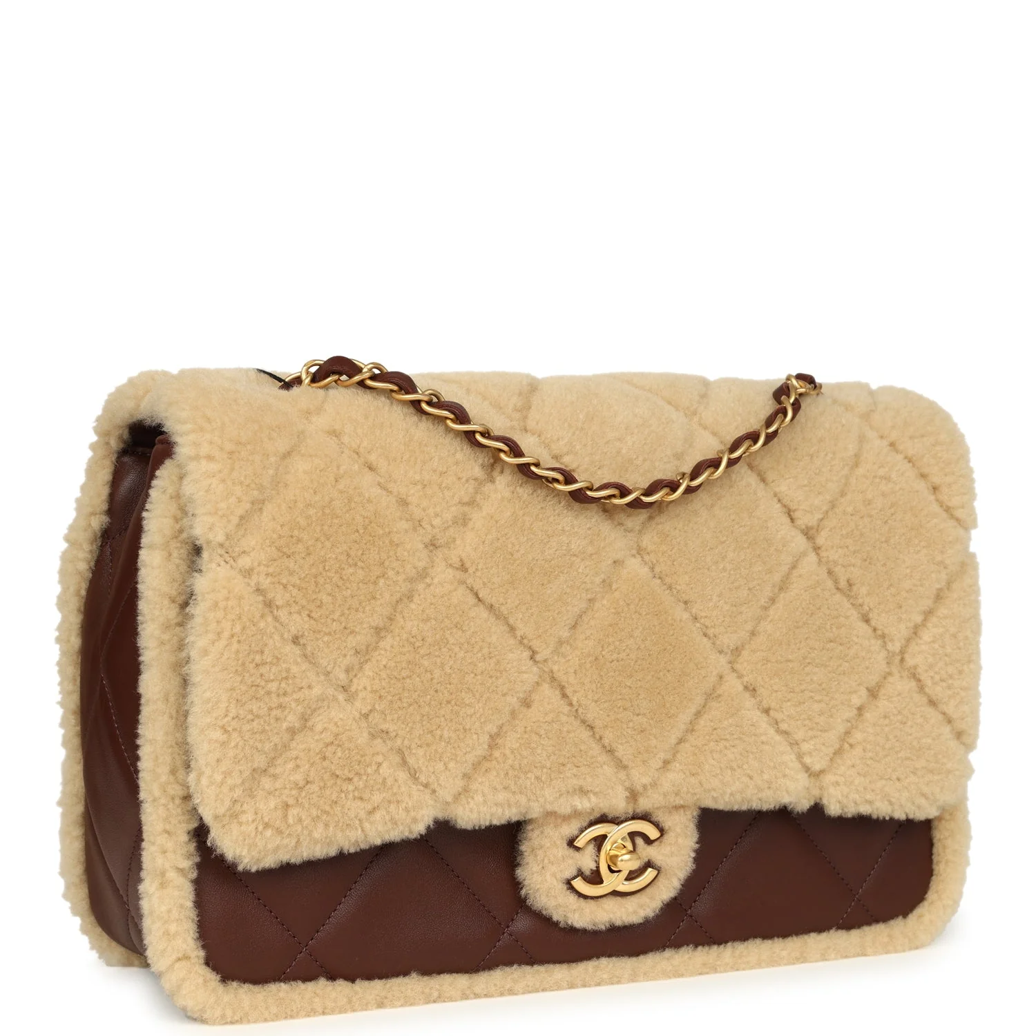 Large Shearling Flap Bag Dark Brown Lambskin and Beige Shearling Brushed Gold Hardware
