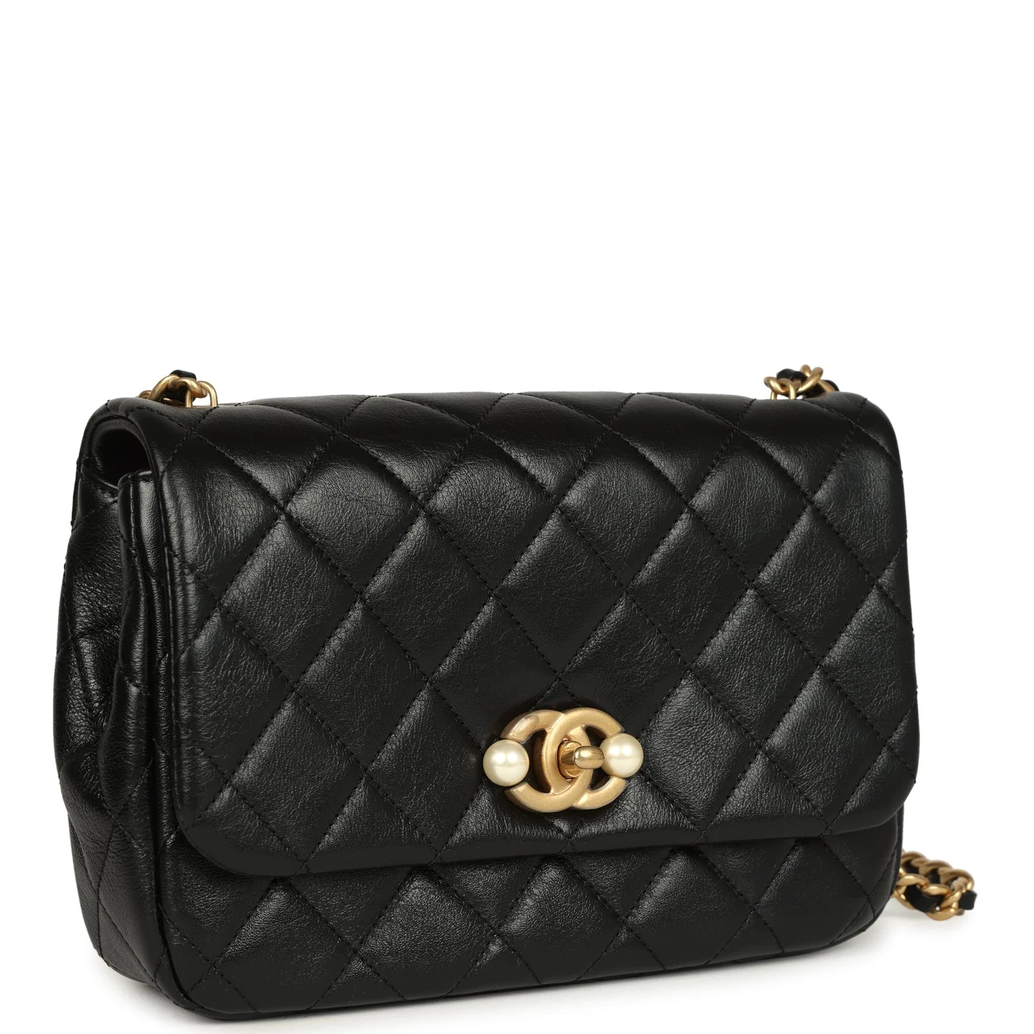 Small Pearl Flap Bag Black Shiny Calfskin Brushed Gold Hardware