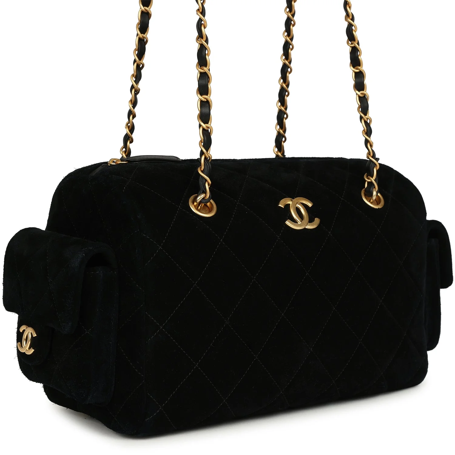 Small Bowling Bag Black Suede Antique Gold Hardware