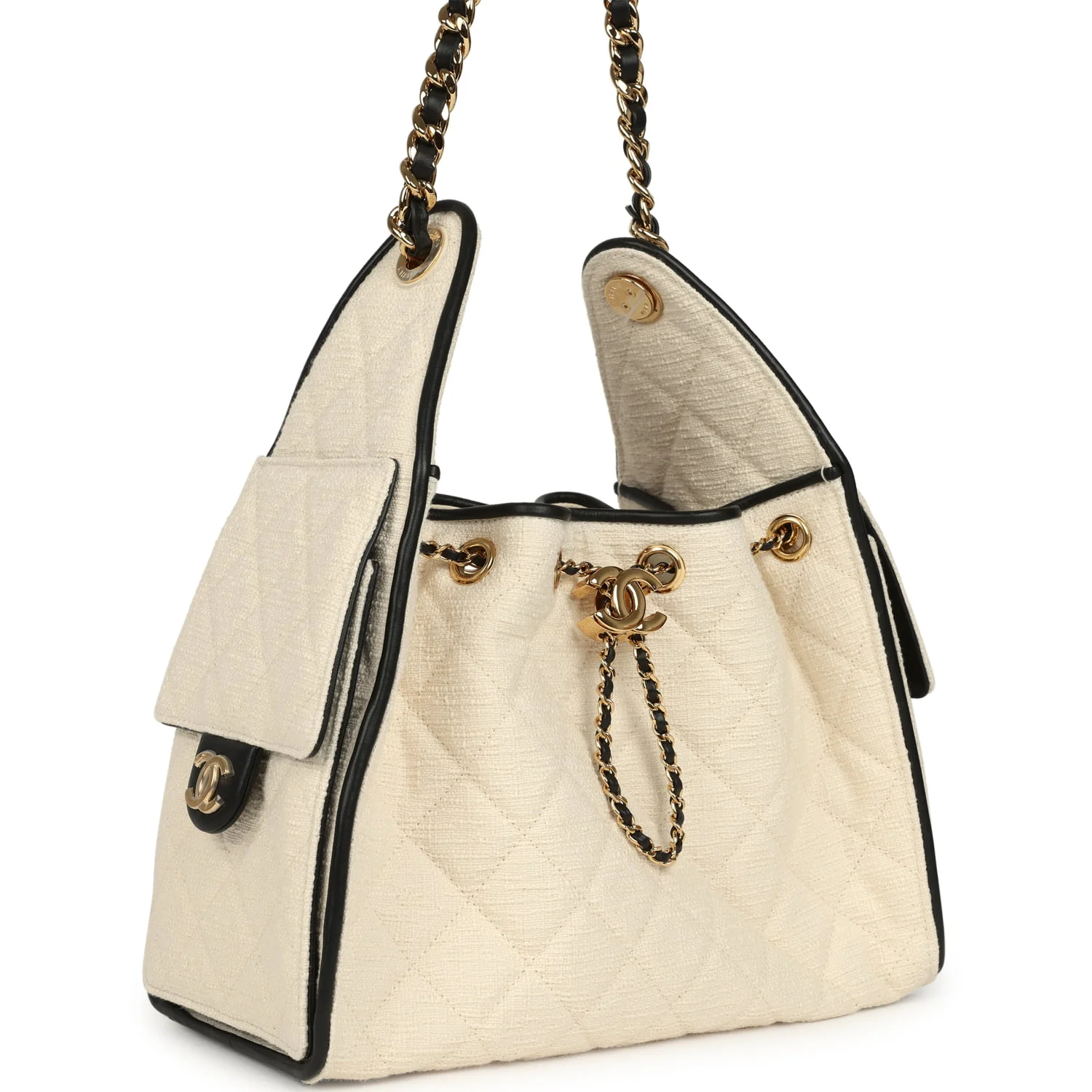 Small 25 Hobo Bag Ecru Canvas and Black Calfskin Gold Hardware